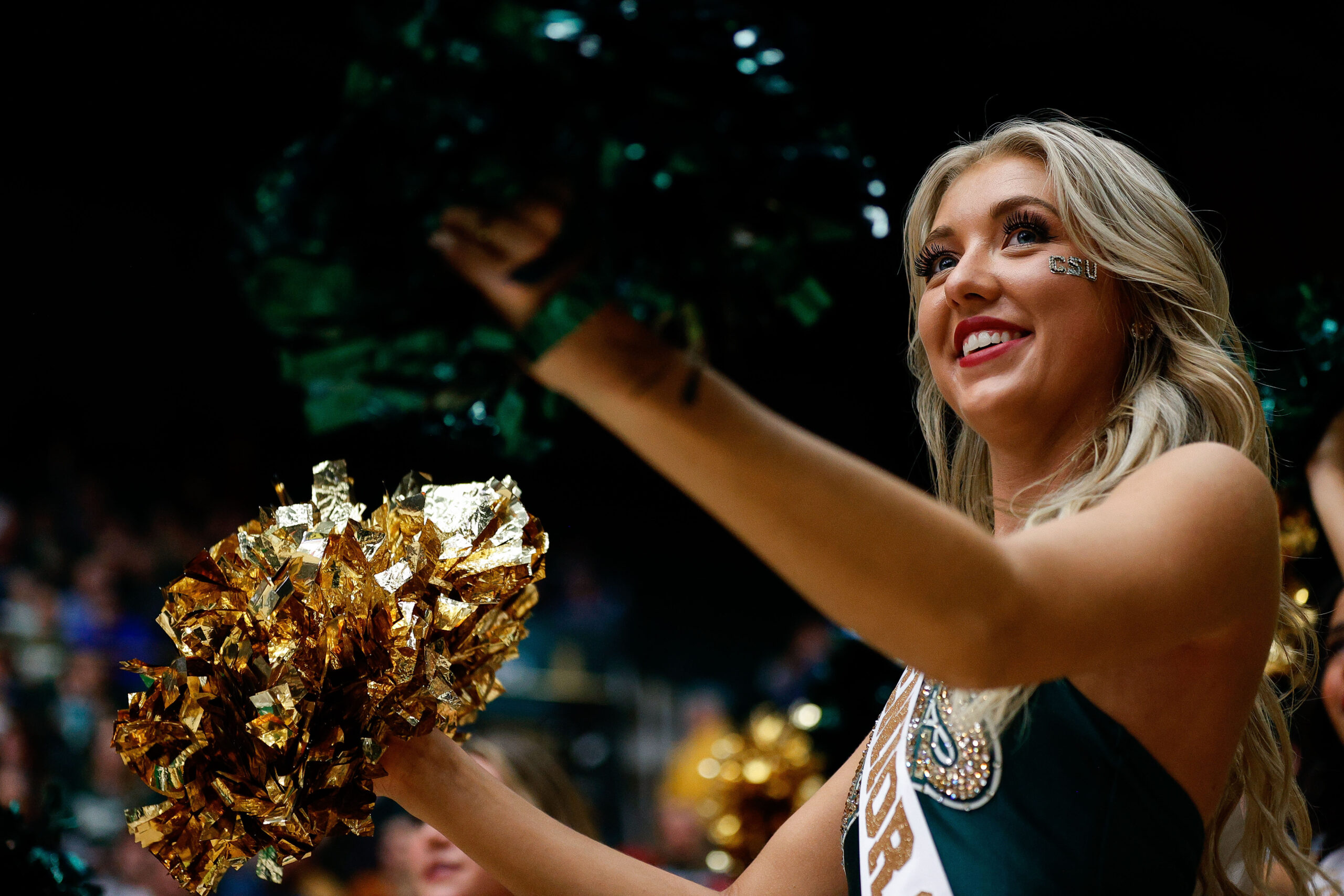 Mar 3, 2023; Fort Collins, Colorado, USA; A Colorado State Rams cheerleader in the second half against the New Mexico Lobos at Moby Arena. Mandatory Credit: Isaiah J. Downing-Imagn Images