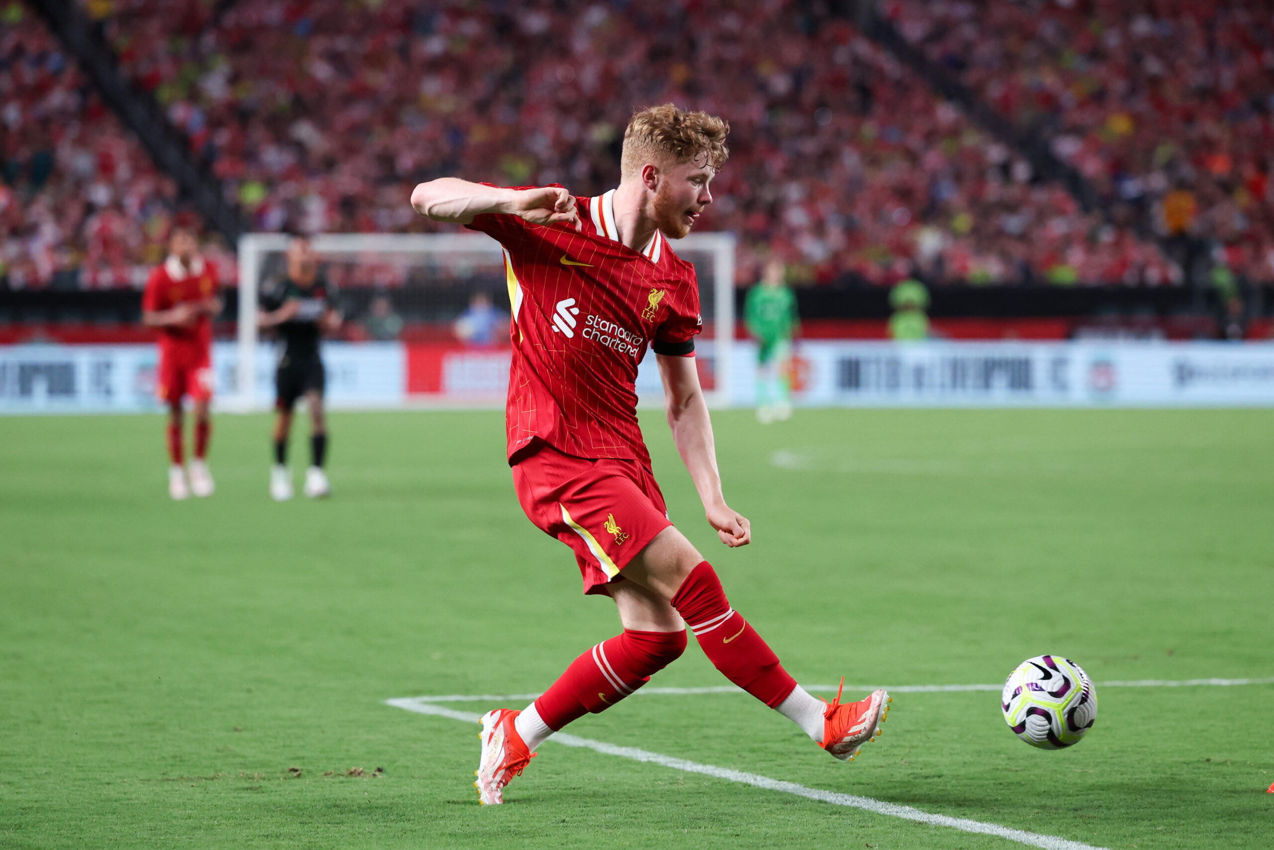 Jul 31, 2024; Philadelphia, PA, USA; Liverpool's Luca Stephenson (91) in action against Arsenal at Lincoln Financial Field. Mandatory Credit: Bill Streicher-Imagn Images