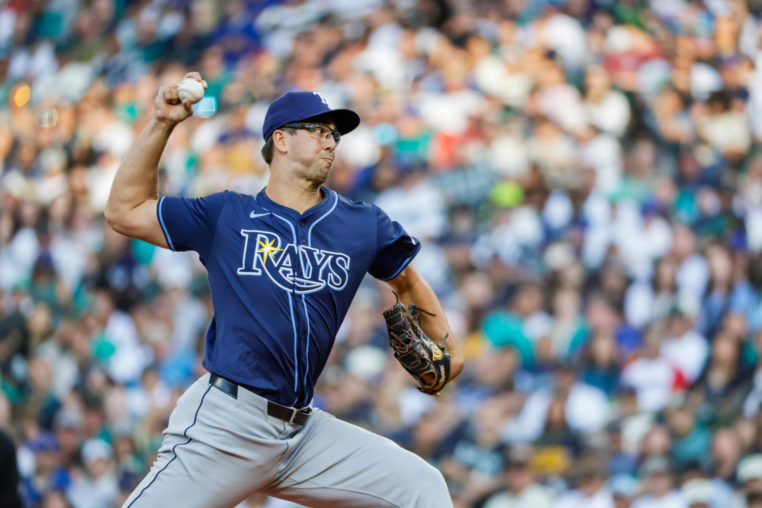 Aug 9, 2025; Seattle, Washington, USA; Tampa Bay Rays starting pitcher Joe Boyle (36) throws against the Seattle Mariners during the first inning at T-Mobile Park. Mandatory Credit: Joe Nicholson-Imagn Images