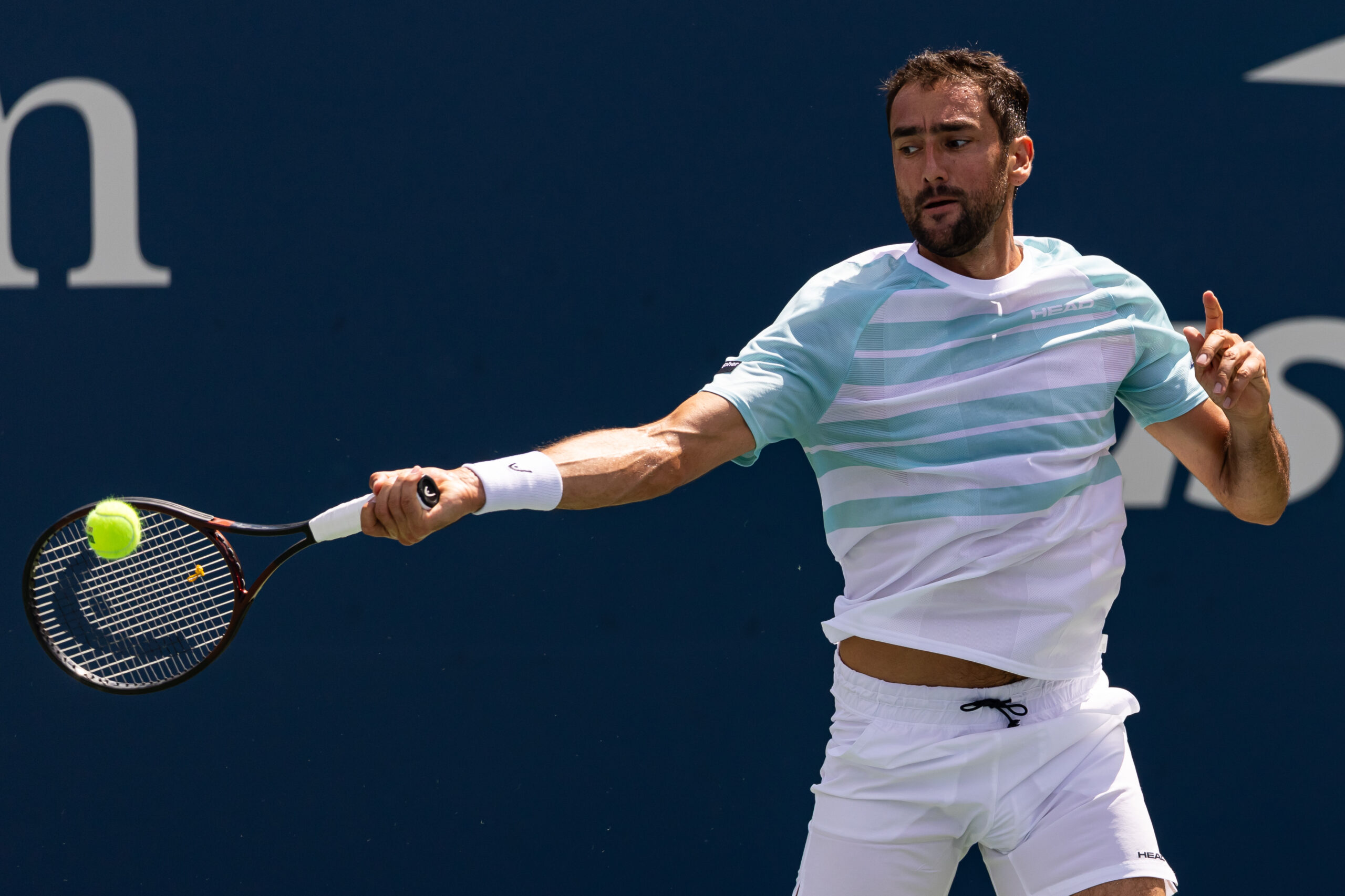Aug 26, 2025; Flushing, NY, USA; Marin Cilic of Croatia in action against Alexander Bublik of Kazakhstan in the first round of the menís singles at the US Open at Billie Jean King National Tennis Centre. Mandatory Credit: Mike Frey-Imagn Images