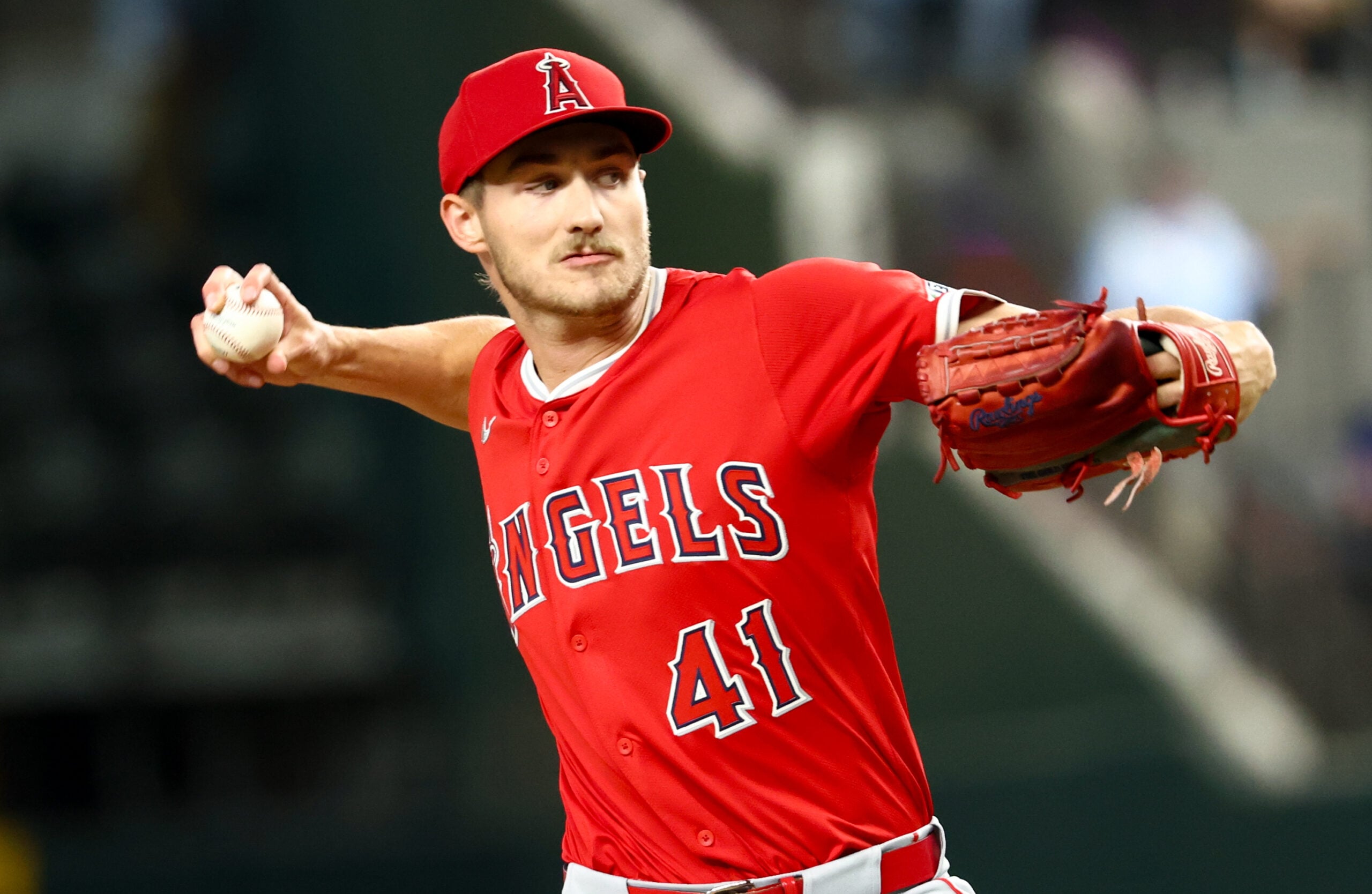 Aug 27, 2025; Arlington, Texas, USA; Los Angeles Angels starting pitcher Jack Kochanowicz (41) throws during the first inning against the Texas Rangers at Globe Life Field. Mandatory Credit: Kevin Jairaj-Imagn Images