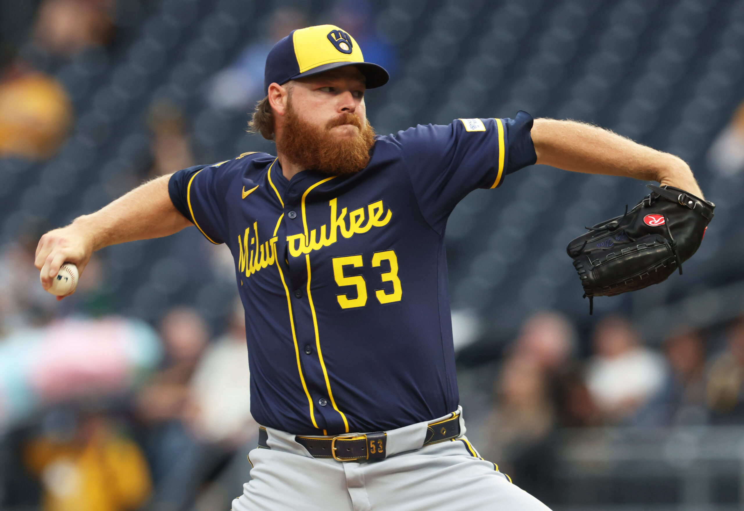 Sep 6, 2025; Pittsburgh, Pennsylvania, USA;  Milwaukee Brewers starting pitcher Brandon Woodruff (53) delivers a pitch against the Pittsburgh Pirates during the first inning at PNC Park. Mandatory Credit: Charles LeClaire-Imagn Images