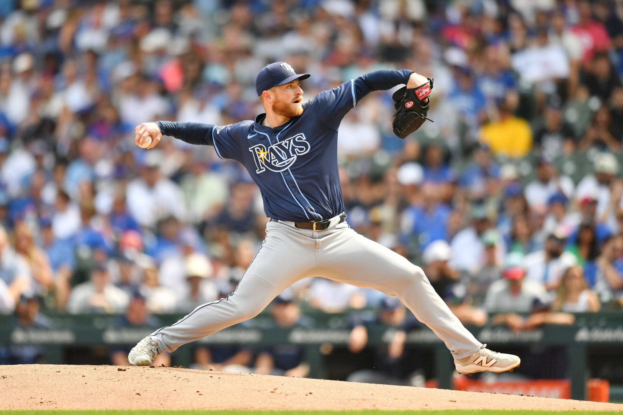 Sep 13, 2025; Chicago, Illinois, USA; Tampa Bay Rays starting pitcher Drew Rasmussen (57) pitches against the Chicago Cubs during the first inning at Wrigley Field. Mandatory Credit: Patrick Gorski-Imagn Images