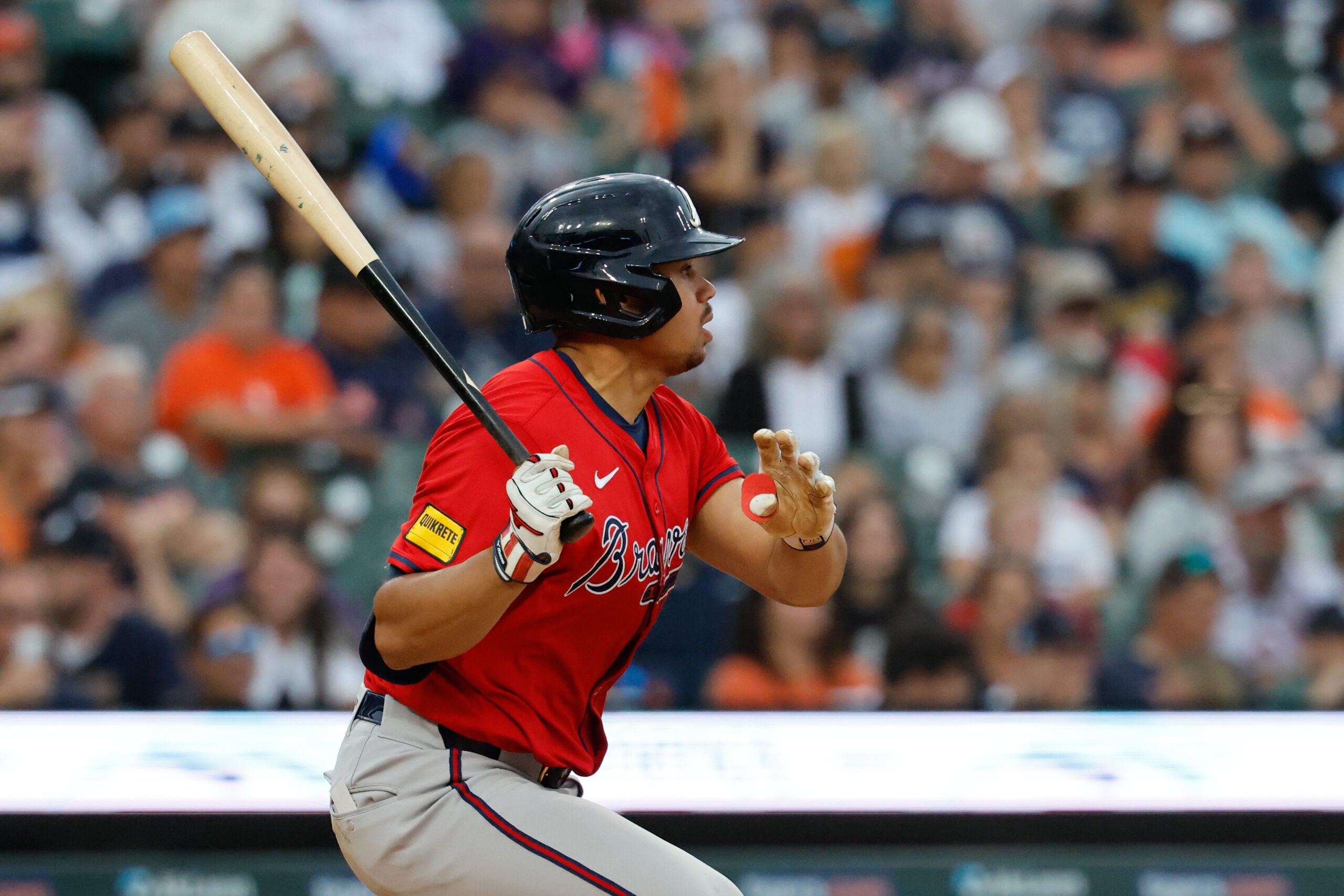Sep 21, 2025; Detroit, Michigan, USA;  Atlanta Braves catcher Drake Baldwin (30) hits a single in the seventh inning against the Detroit Tigers at Comerica Park. Mandatory Credit: Rick Osentoski-Imagn Images