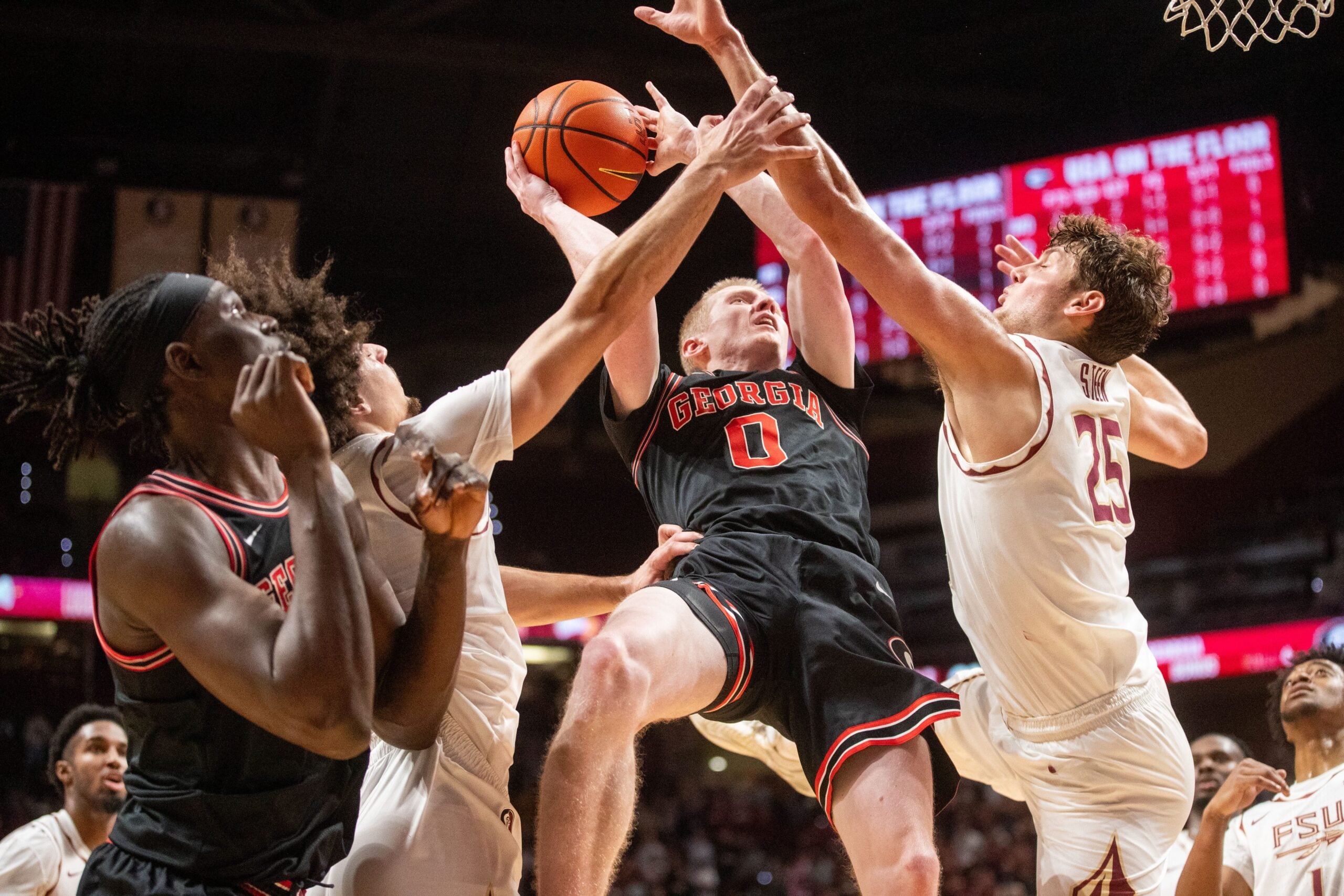 Georgia Bulldogs guard Blue Cain (0) shoots for two. The Florida State Seminoles hosted the Georgia Bulldogs at the Tucker Civic Center for a men’s basketball game Tuesday, Dec. 2, 2025.