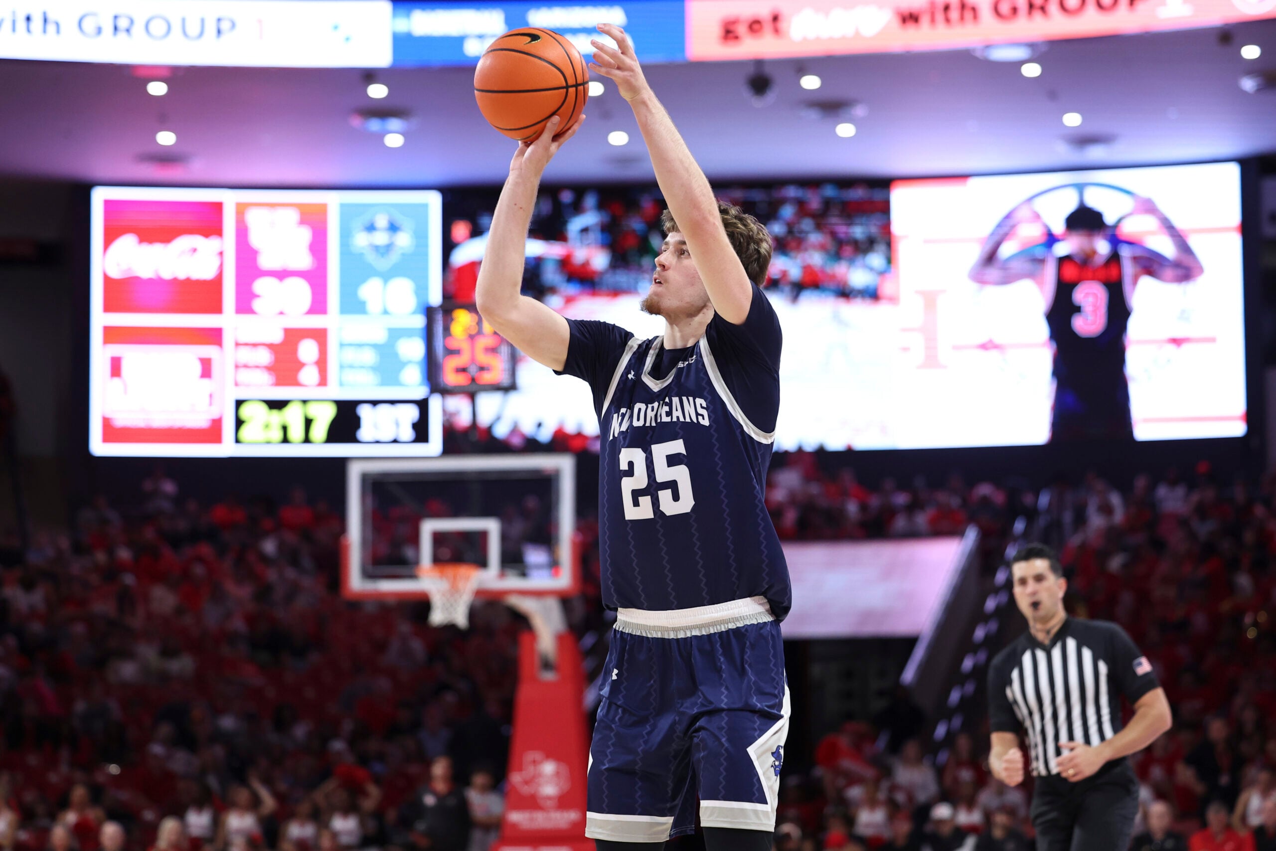 Dec 13, 2025; Houston, Texas, USA; New Orleans Privateers forward Enzo Boudouma (25) shoots the ball during the first half against the Houston Cougars at Fertitta Center. Mandatory Credit: Troy Taormina-Imagn Images