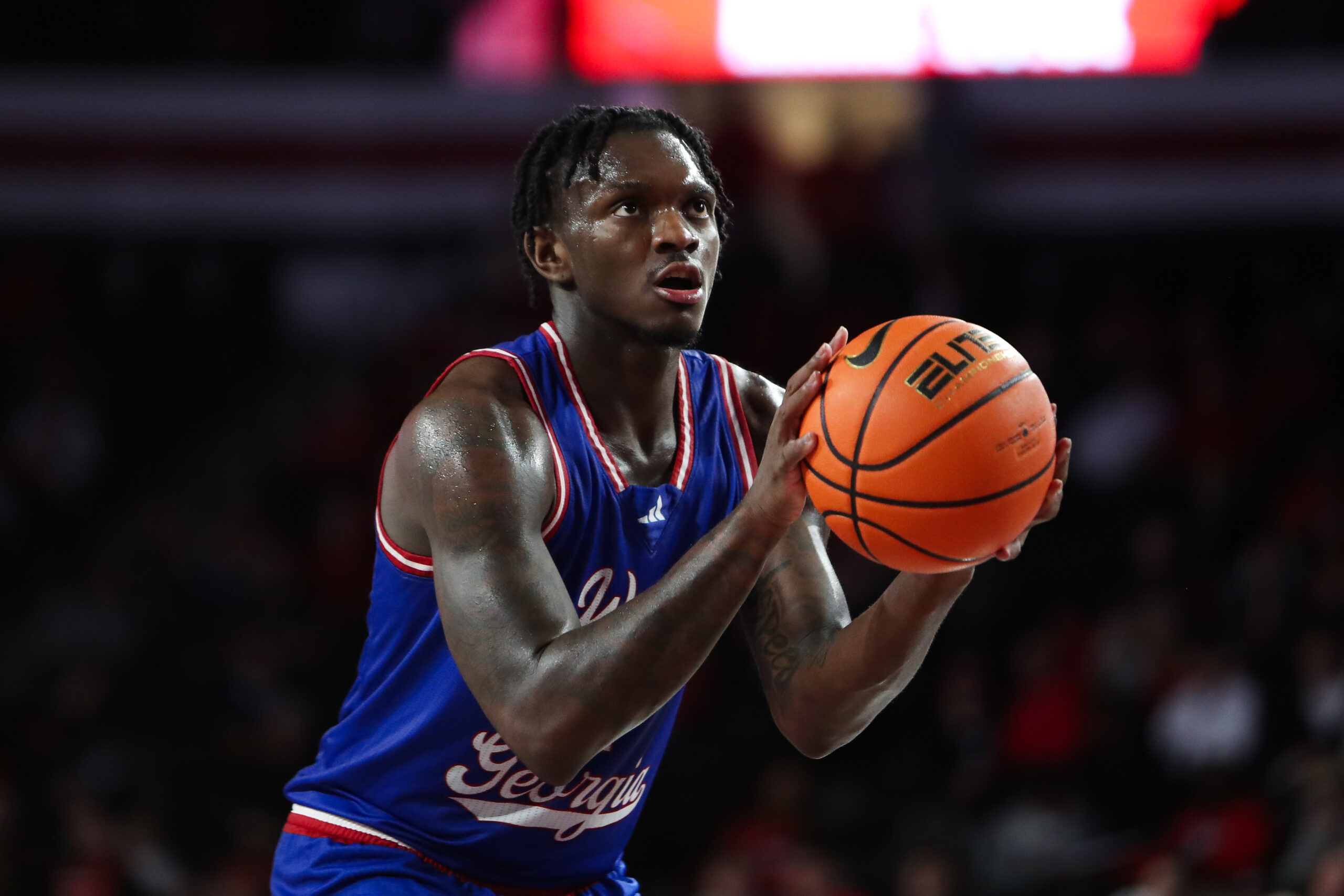 Dec 22, 2025; Athens, Georgia, USA; West Georgia Wolves forward Shelton Williams-Dryden (4) shoots a free throw against the Georgia Bulldogs in the second half at Stegeman Coliseum. Mandatory Credit: Mady Mertens-Imagn Images