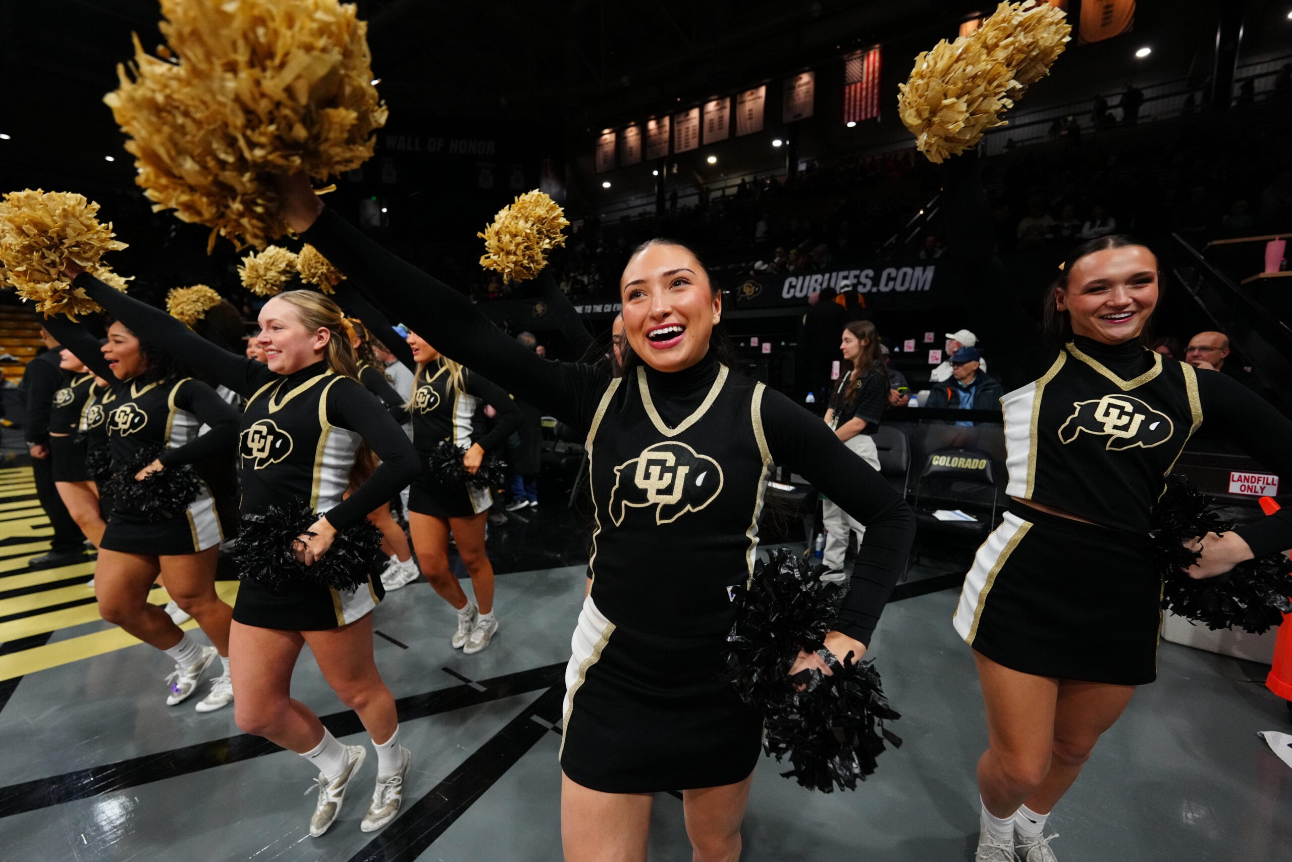 Jan 24, 2026; Boulder, Colorado, USA; Colorado Buffaloes cheerleaders perform before the game against the UCF Knights n the first half at the CU Events Center. Mandatory Credit: Ron Chenoy-Imagn Images