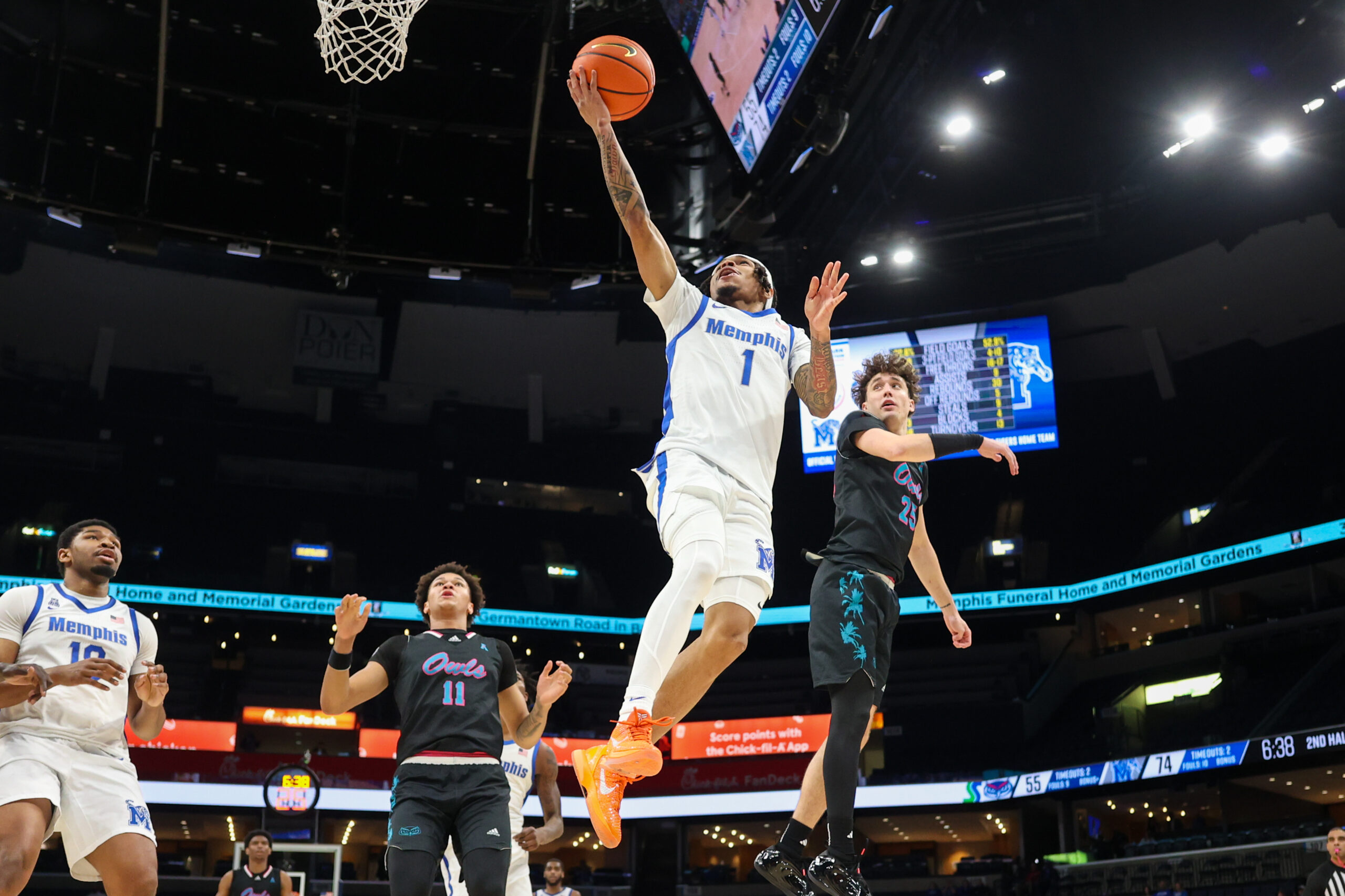 Jan 29, 2026; Memphis, Tennessee, USA; Memphis Tigers guard Dug McDaniel (1) shoots the ball against the Florida Atlantic Owls during the second half at FedExForum. Mandatory Credit: Wesley Hale-Imagn Images
