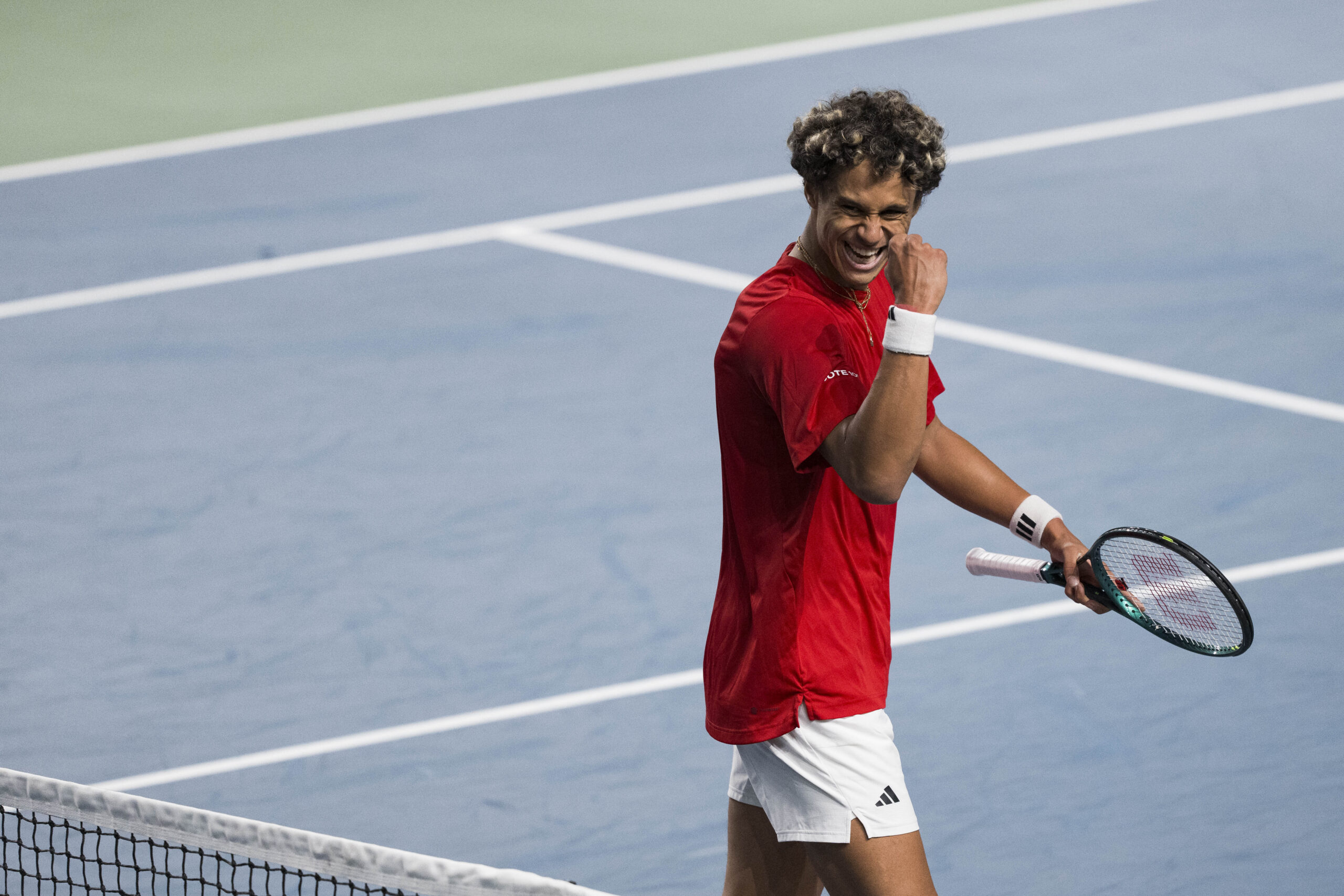 Feb 7, 2026; Vancouver, BC, Canada; Gabriel Diallo of Canada celebrates a winning point against Matheus Pucinelli De Almeida of Brazil in a Davis Cup 2026 Qualifiers first round singles match at UBC Thunderbird Arena. Mandatory Credit: Bob Frid-Imagn Images
