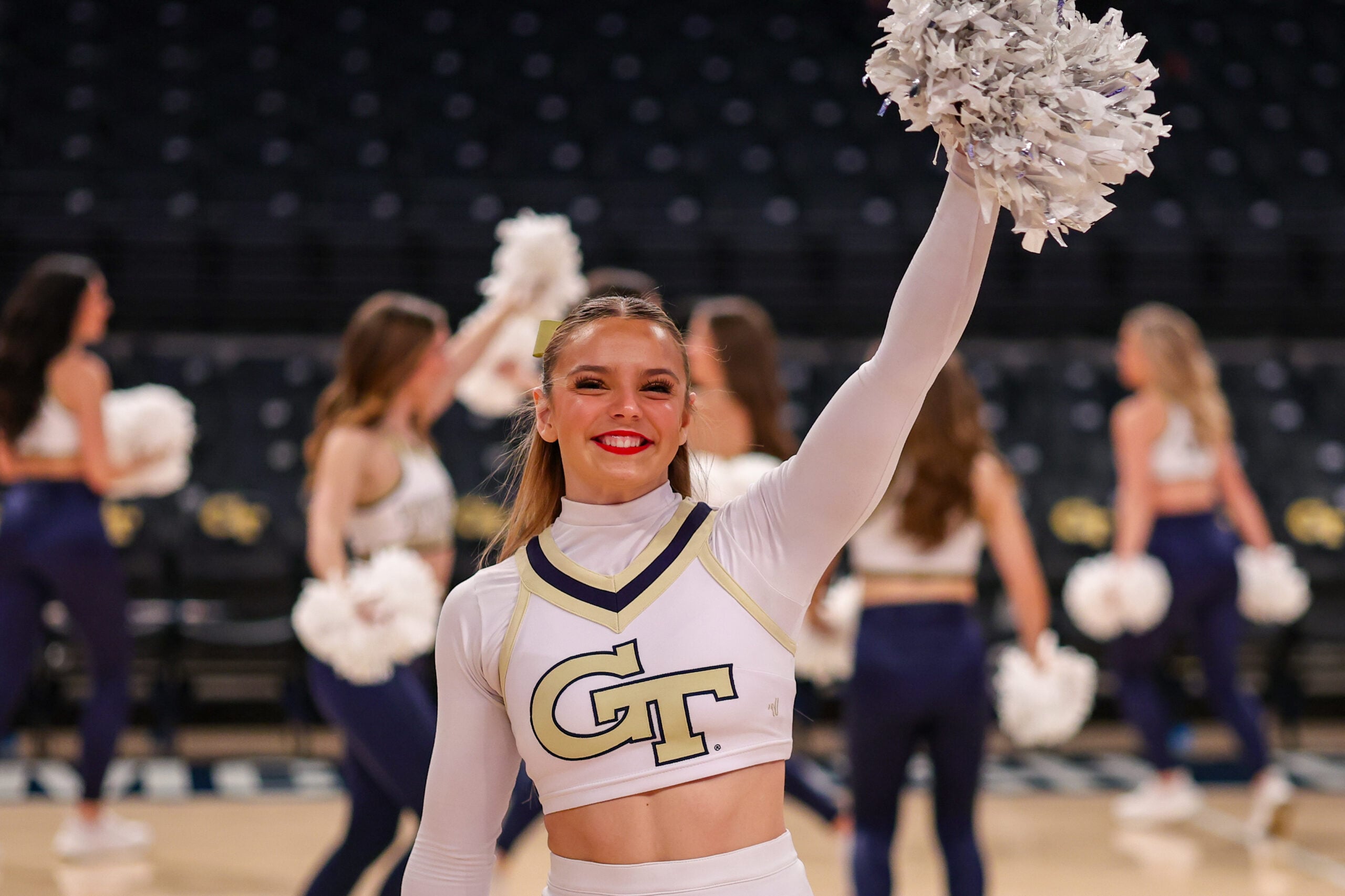Feb 11, 2026; Atlanta, Georgia, USA; Georgia Tech Yellow Jackets cheerleader against the Wake Forest Demon Deacons at McCamish Pavilion. Mandatory Credit: Brett Davis-Imagn Images