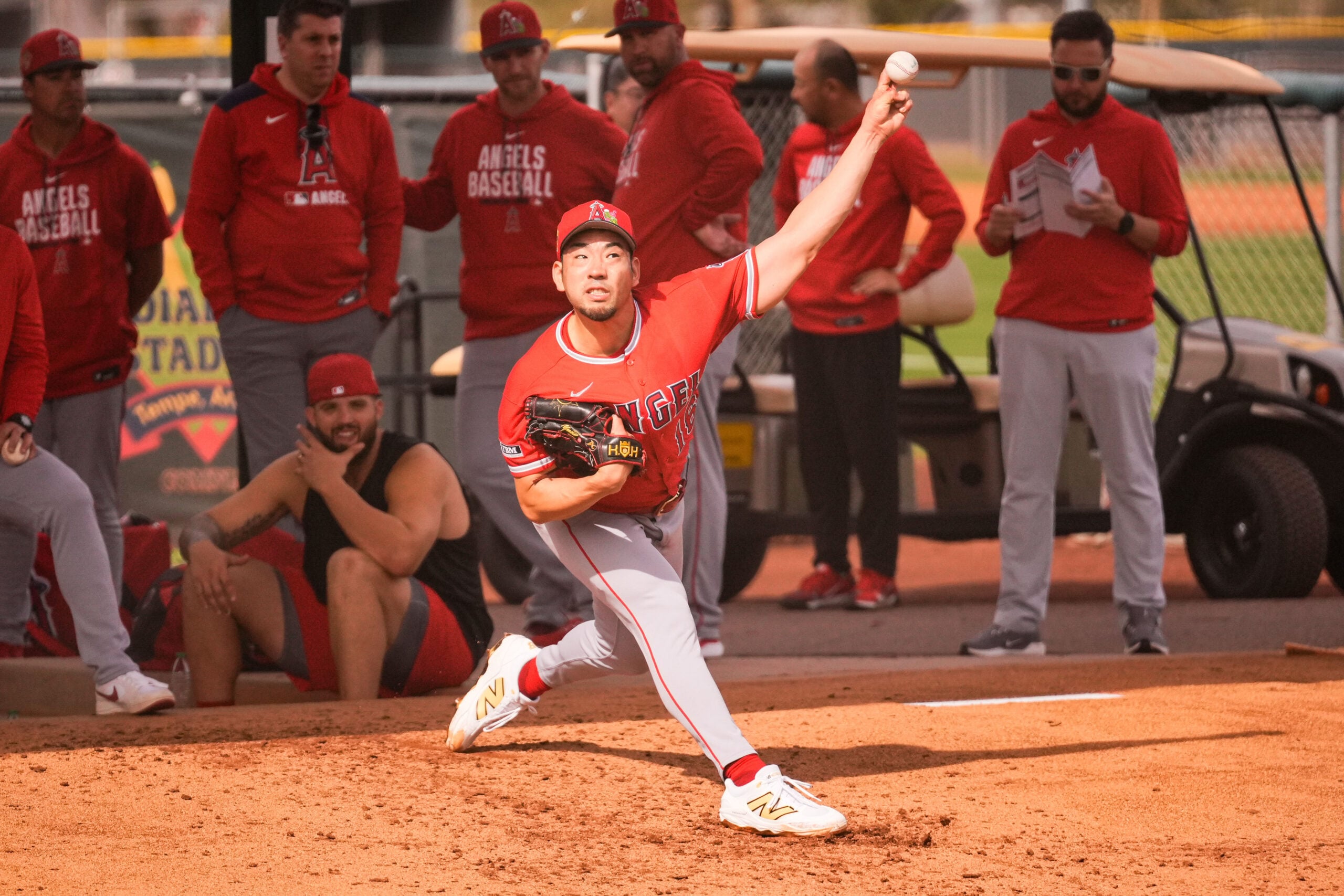 Feb 11, 2026; Tempe, AZ, USA; Los Angeles Angels Yusei Kikuchi during pitchers and catchers workouts at Tempe Diablo Stadium in Tempe, Arizona. Mandatory Credit: Arianna Grainey-Imagn Images