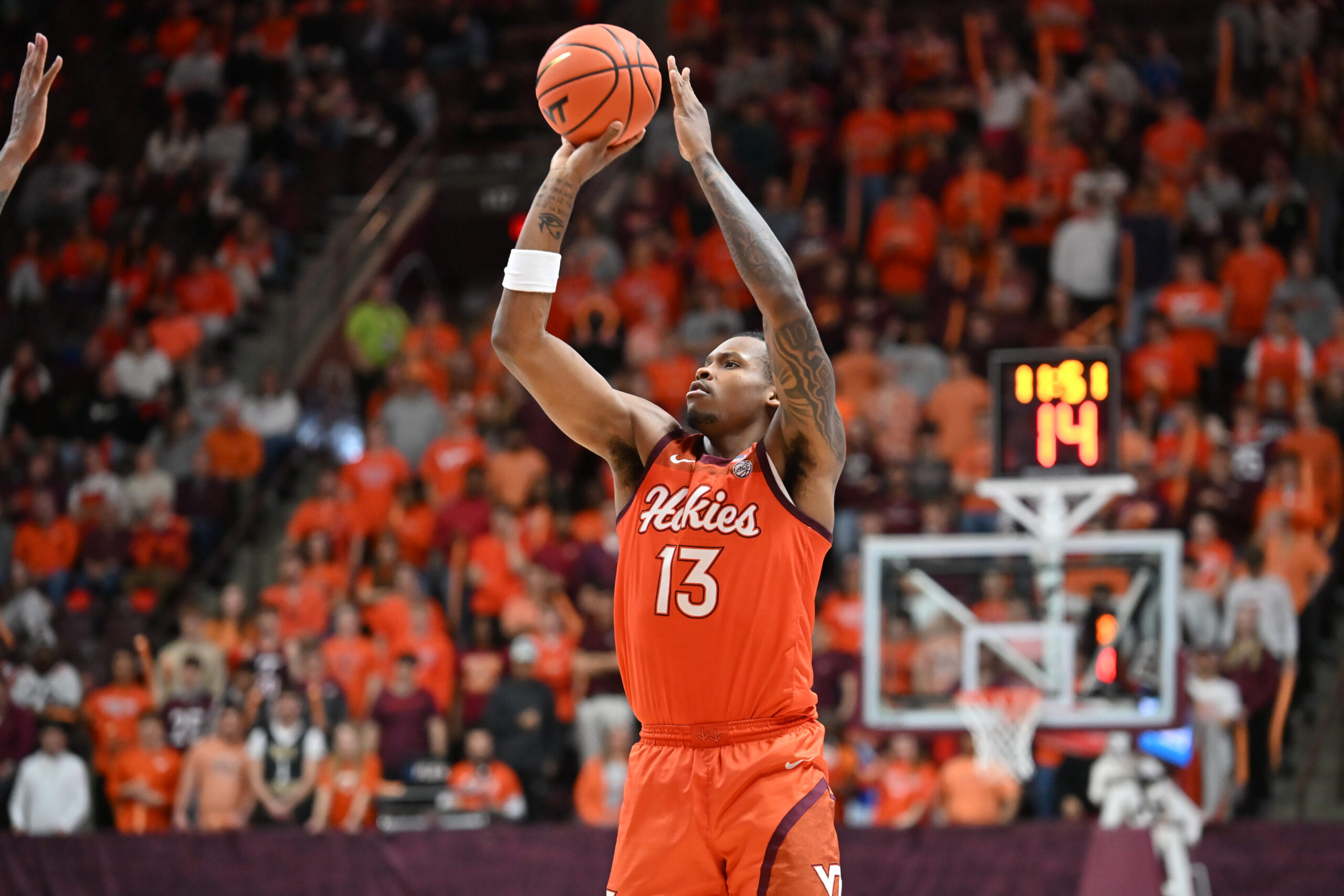 Feb 21, 2026; Blacksburg, Virginia, USA; Virginia Tech Hokies forward Amani Hansberry (13) shoots a shot against the Wake Forest Demon Deacons during the second half at Cassell Coliseum. Mandatory Credit: Brian Bishop-Imagn Images