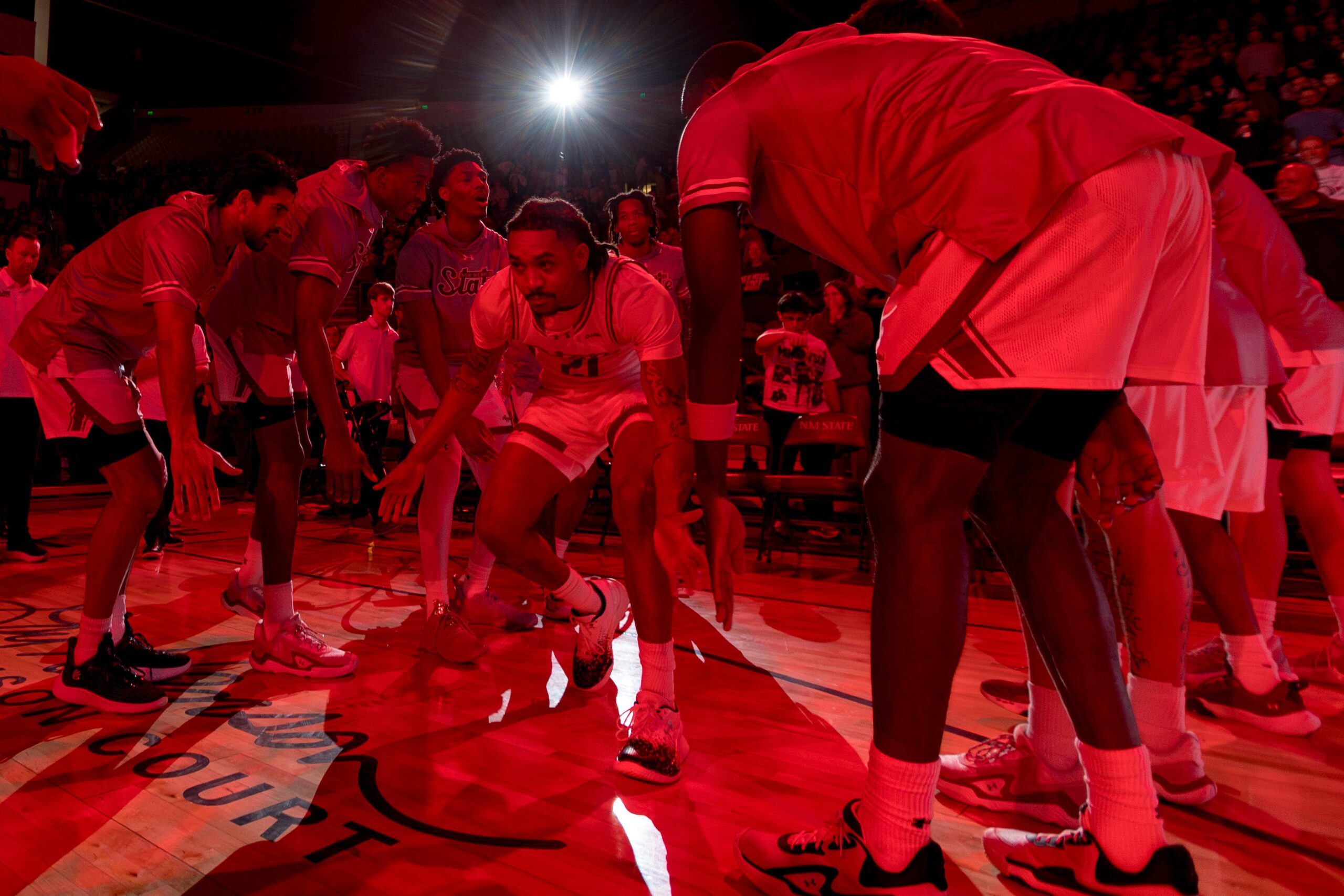 NMSU’s Jemel Jones (21) is introduced before a game against UTEP at the Pan American Center in Las Cruces, New Mexico, on Saturday, Feb. 21, 2026.