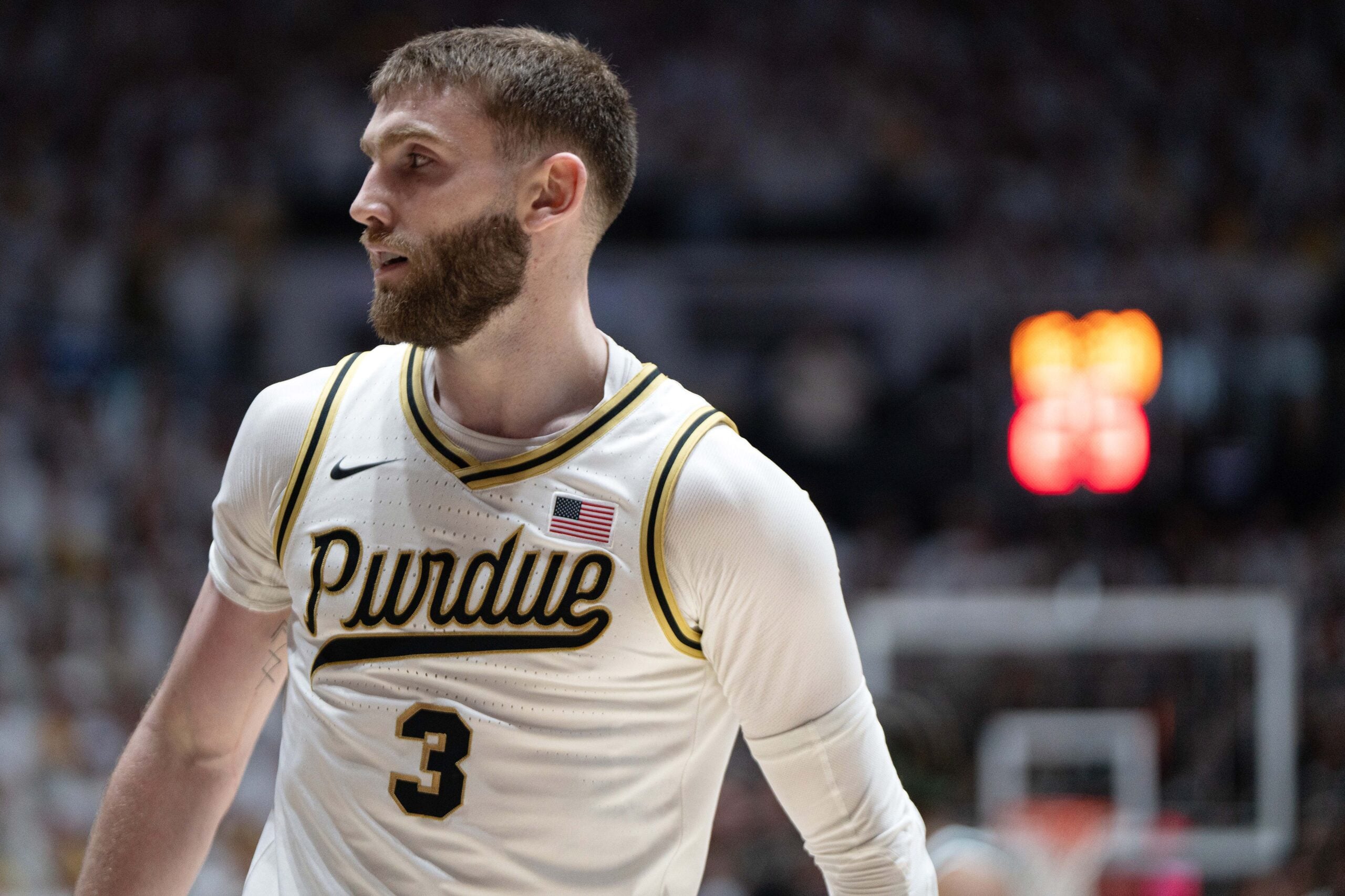 Feb 26, 2026; West Lafayette, Indiana, USA; Purdue Boilermakers guard Braden Smith (3) looks at a referee during the first half of a game against the Michigan State Spartans at Mackey Arena. Mandatory Credit: Jacob Musselman-Imagn Images