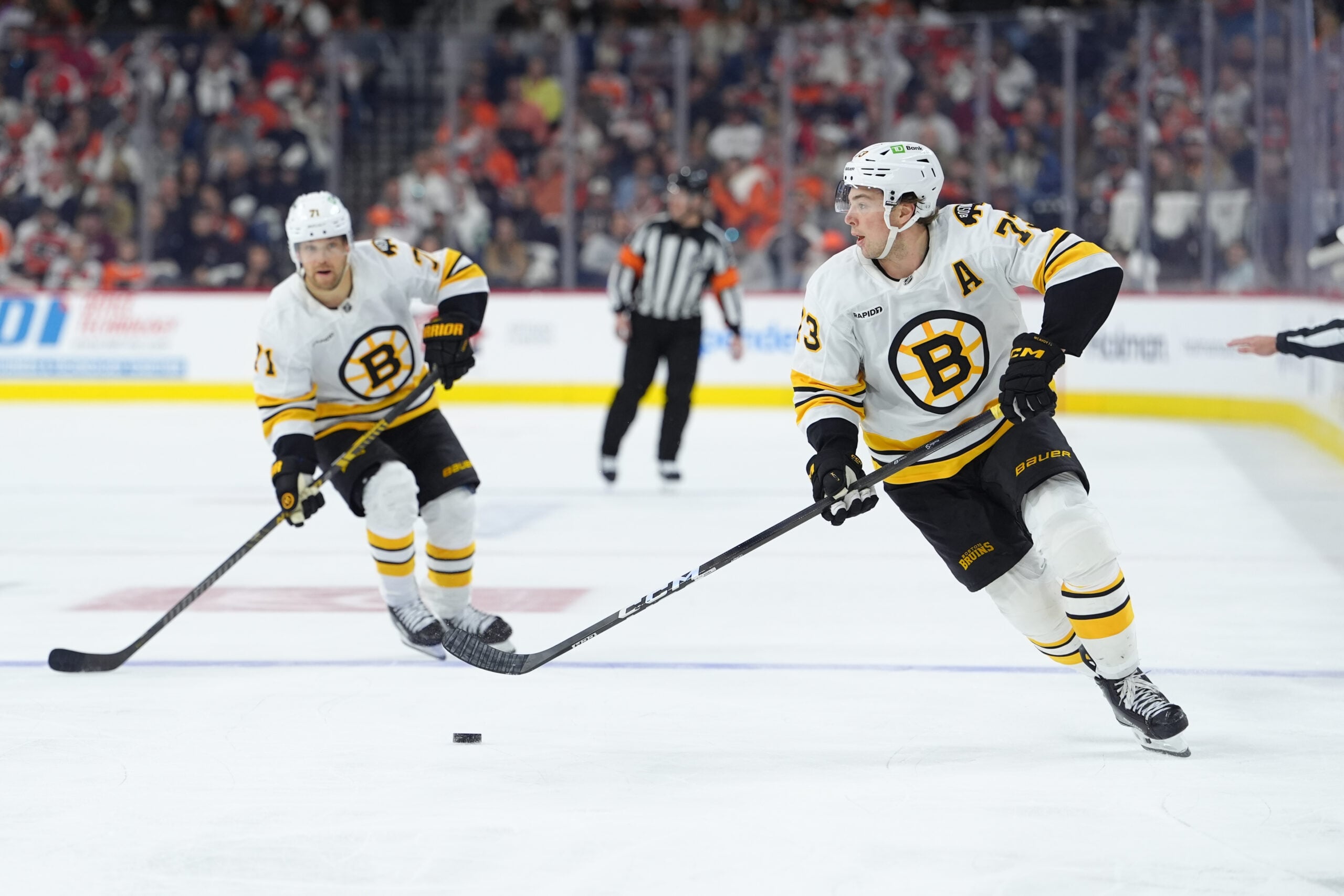 Feb 28, 2026; Philadelphia, Pennsylvania, USA; Boston Bruins defenseman Charlie McAvoy (73) controls the puck against the Philadelphia Flyers in the third period at Xfinity Mobile Arena. Mandatory Credit: Kyle Ross-Imagn Images