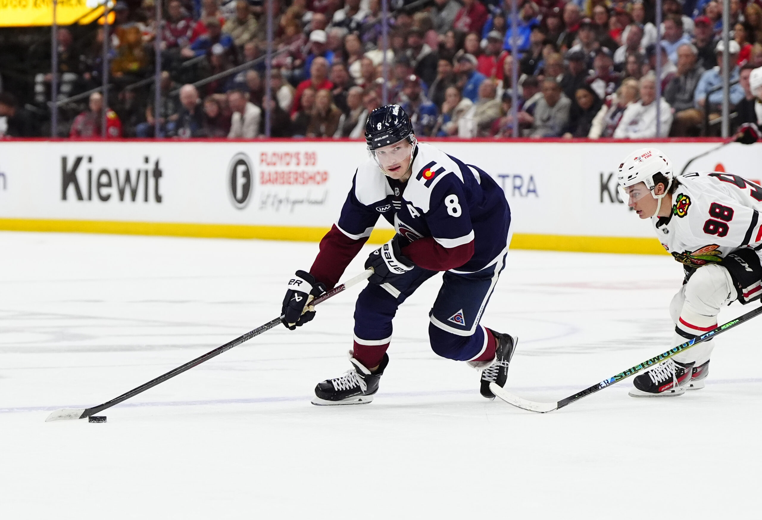 Feb 28, 2026; Denver, Colorado, USA; Colorado Avalanche defenseman Cale Makar (8) controls the puck in the second period against the Chicago Blackhawks at Ball Arena. Mandatory Credit: Ron Chenoy-Imagn Images