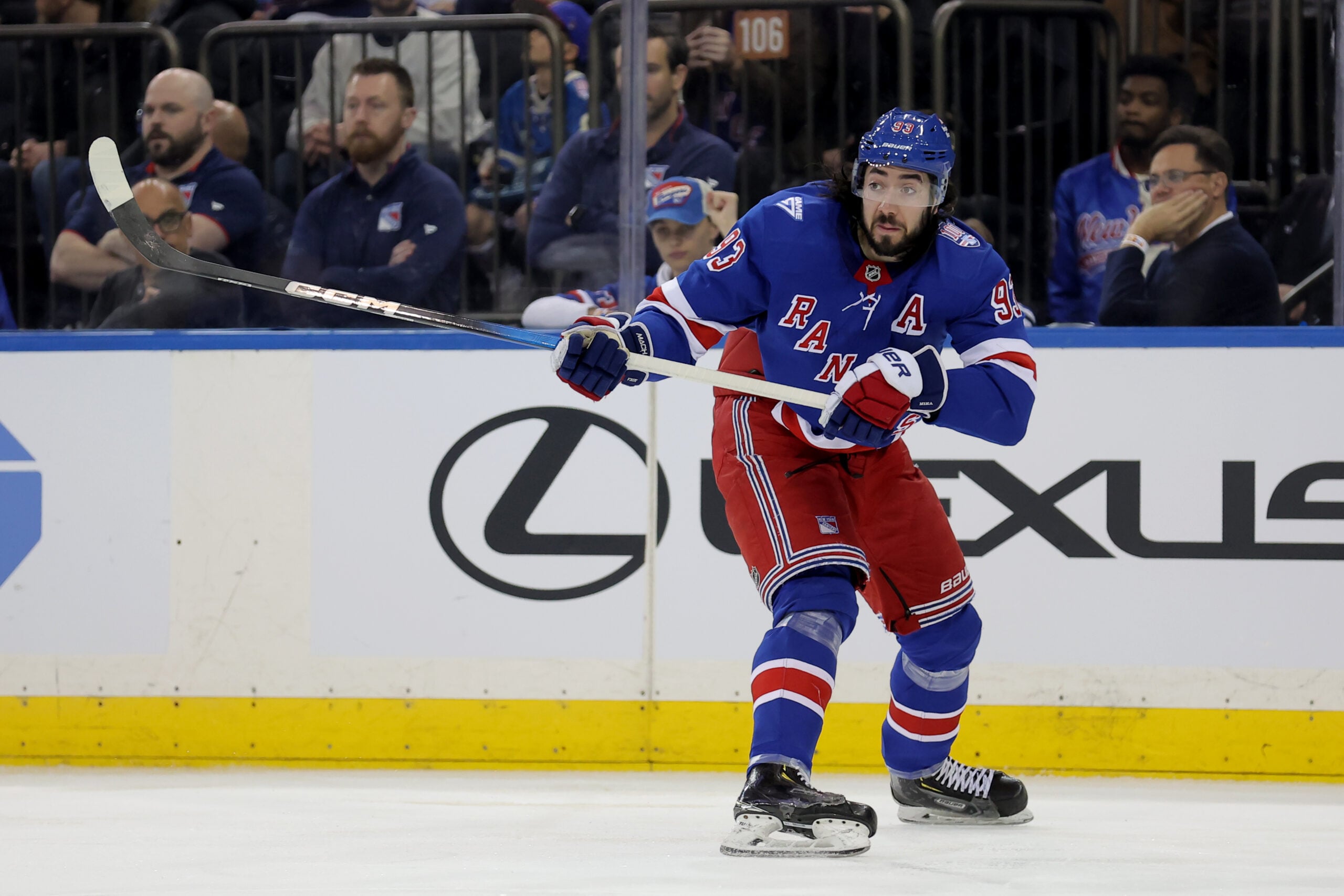 Mar 2, 2026; New York, New York, USA; New York Rangers center Mika Zibanejad (93) skates against the Columbus Blue Jackets during the third period at Madison Square Garden. Mandatory Credit: Brad Penner-Imagn Images