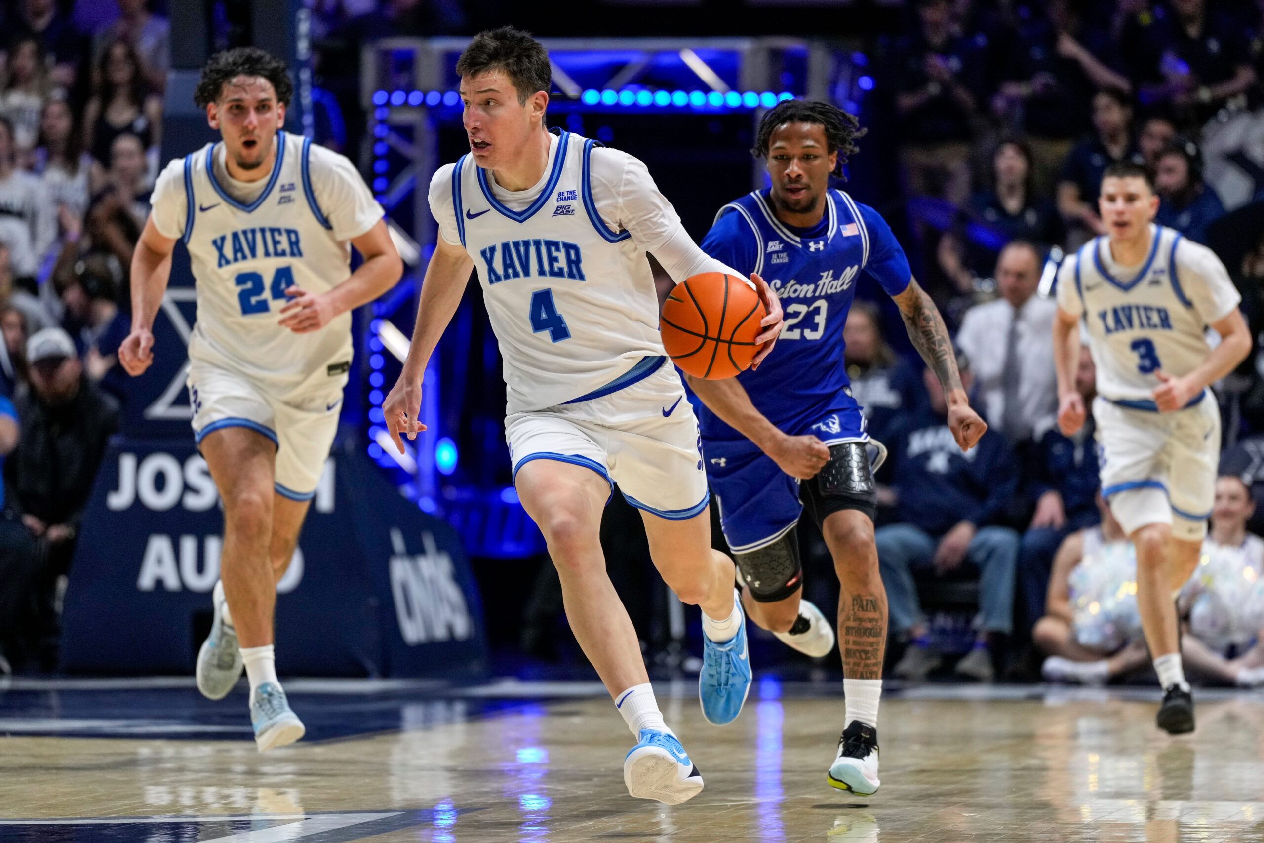 Xavier Musketeers forward Filip Borovicanin (4) leads the offense down court in the second half of the NCAA Big East conference basketball game between the Xavier Musketeers and the Seton Hall Pirates at the Cintas Center in Cincinnati on Tuesday, March 3, 2026. Xavier lost 77-68.