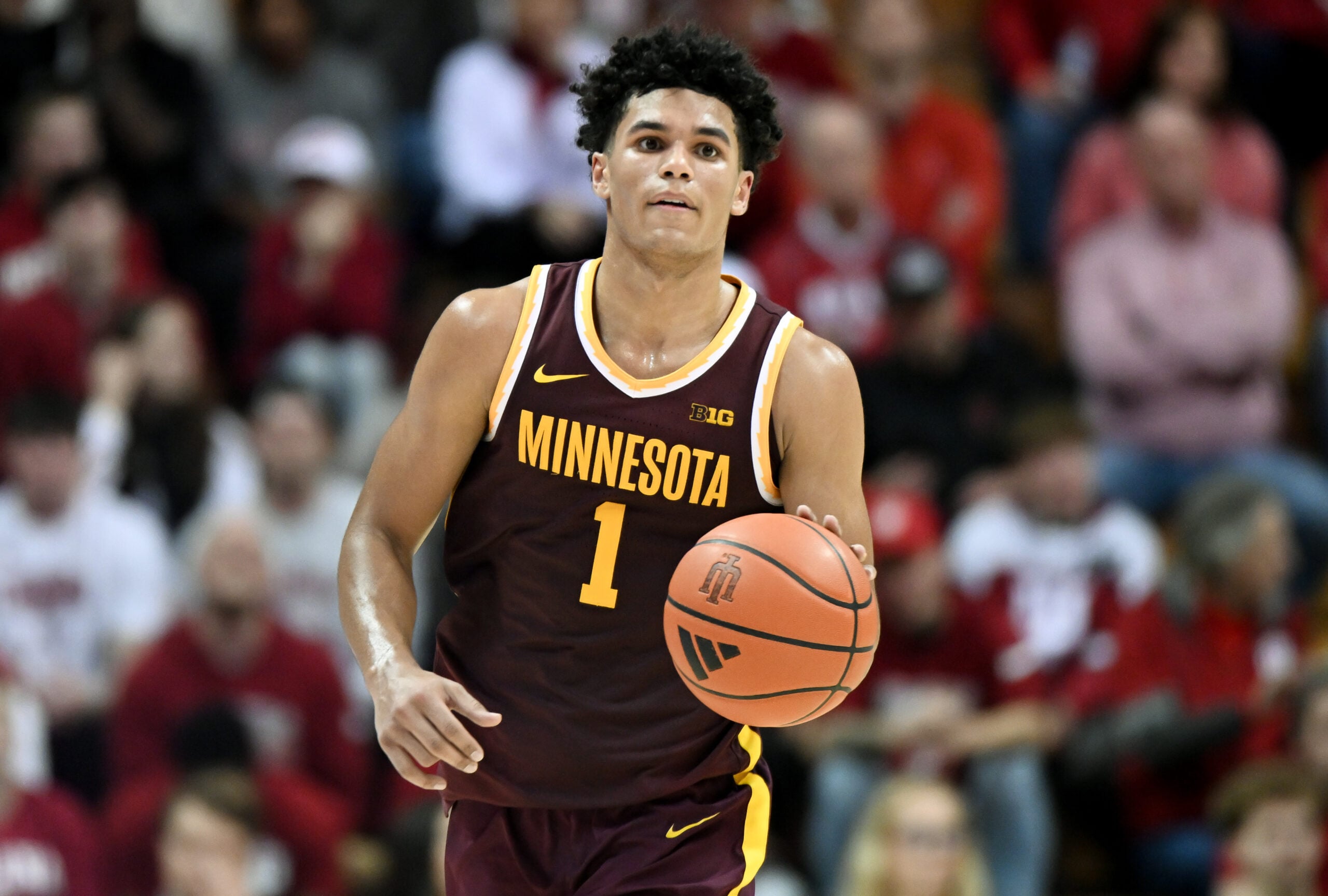 Mar 4, 2026; Bloomington, Indiana, USA; Minnesota Golden Gophers guard Isaac Asuma (1) dribbles the ball against the Indiana Hoosiers during the second half at Simon Skjodt Assembly Hall. Mandatory Credit: Robert Goddin-Imagn Images