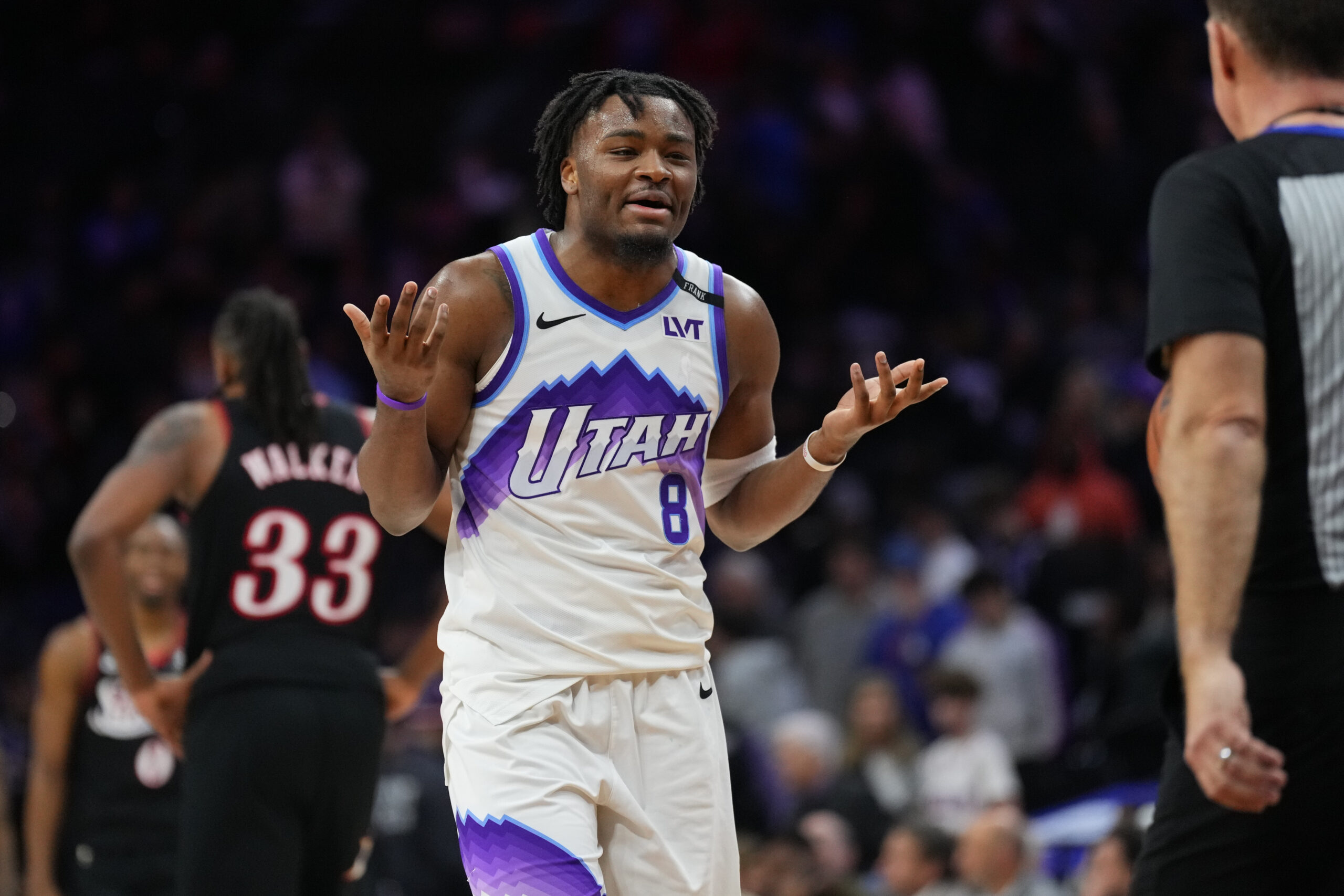 Mar 4, 2026; Philadelphia, Pennsylvania, USA; Utah Jazz guard Isaiah Collier (8) reacts against the Philadelphia 76ers in the fourth quarter at Xfinity Mobile Arena. Mandatory Credit: Kyle Ross-Imagn Images
