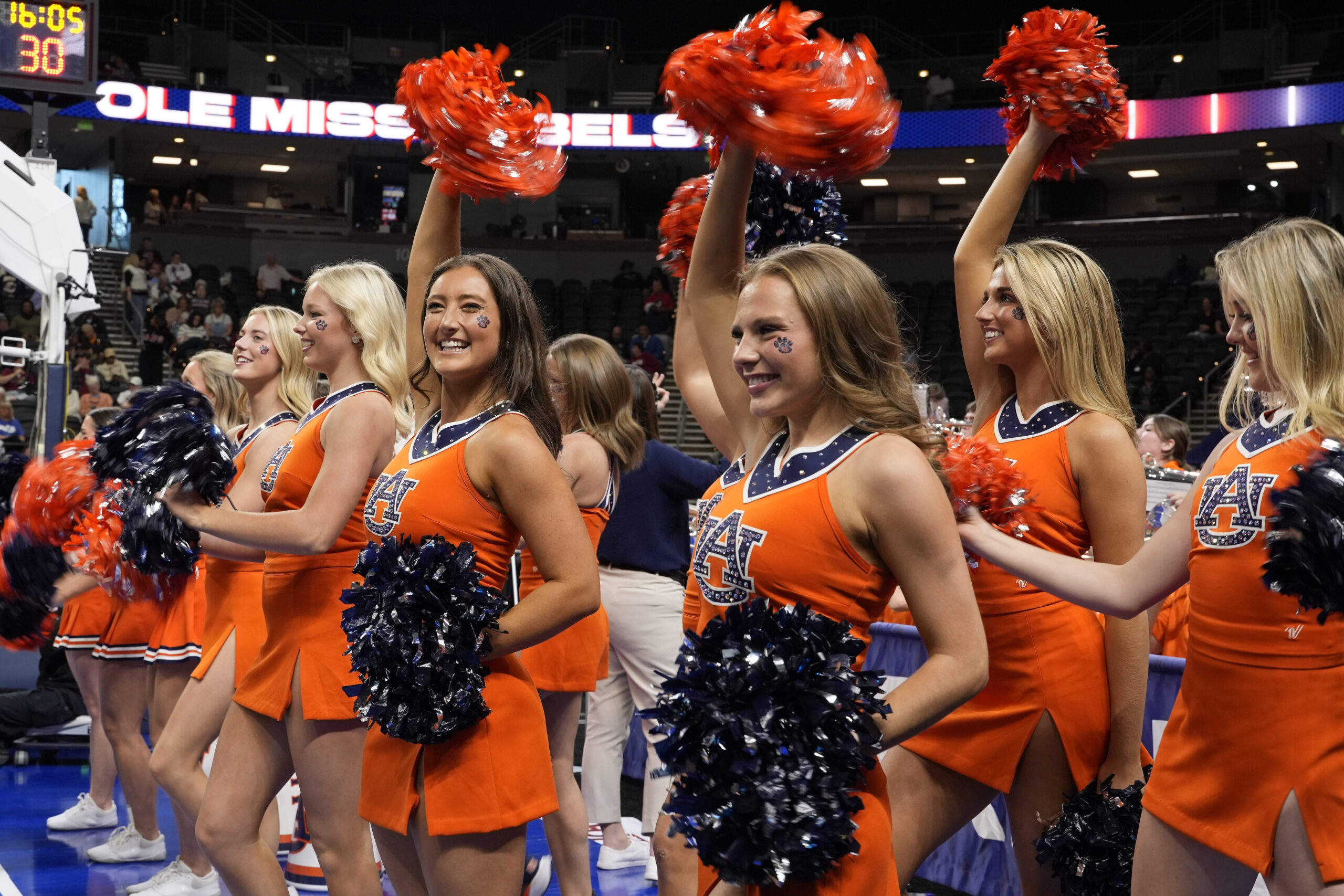 Mar 5, 2026; Greenville, SC, USA;  Auburn Tigers cheerleaders during the first half against the Mississippi Rebels at Bon Secours Wellness Arena. Mandatory Credit: Jim Dedmon-Imagn Images