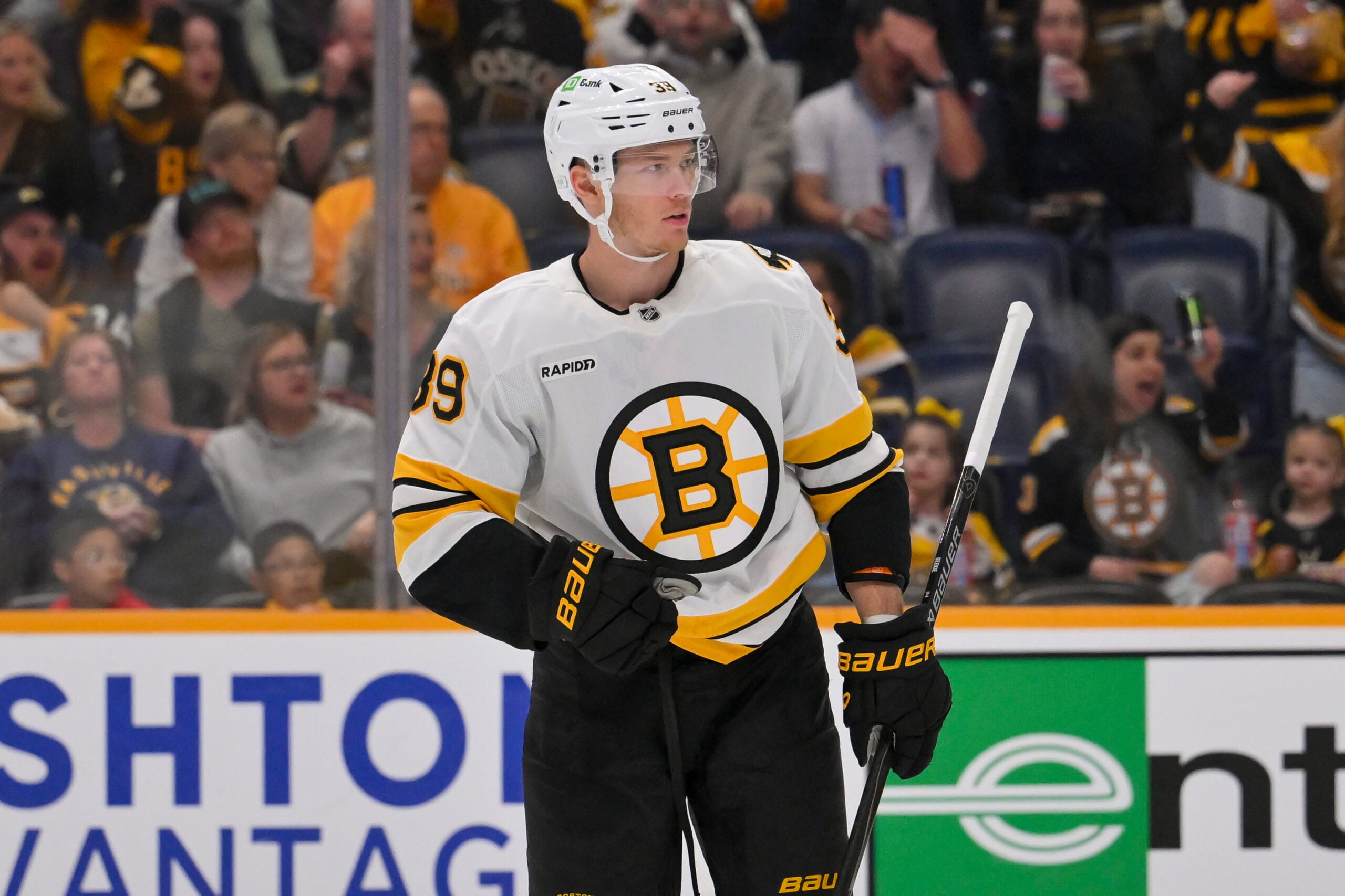 Mar 5, 2026; Nashville, Tennessee, USA;  Boston Bruins center Morgan Geekie (39) celebrates his goal against the Nashville Predators during the second period at Bridgestone Arena. Mandatory Credit: Steve Roberts-Imagn Images