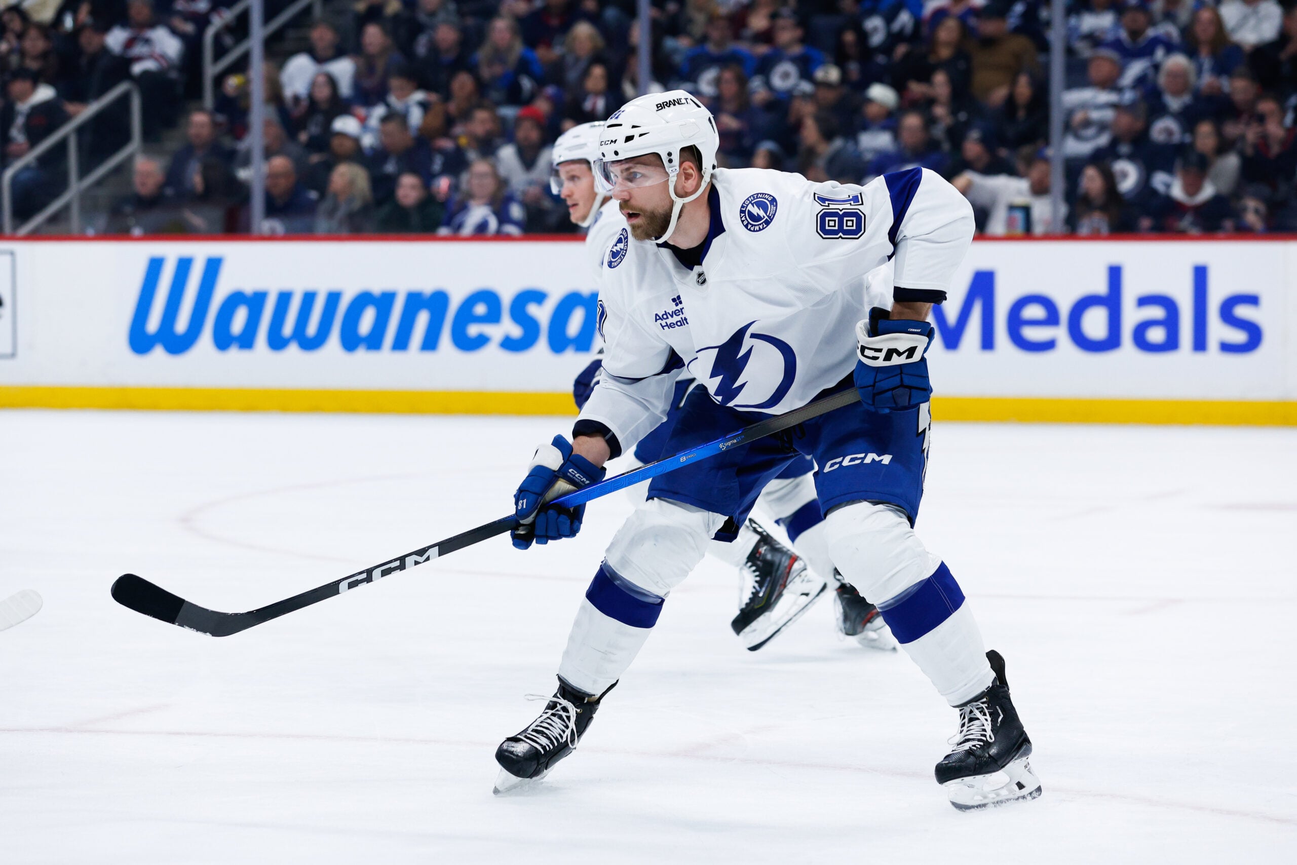 Mar 5, 2026; Winnipeg, Manitoba, CAN;  Tampa Bay Lightning defenseman Erik Cernak (81) awaits the face-off against the Winnipeg Jets during the second period at Canada Life Centre. Mandatory Credit: Terrence Lee-Imagn Images