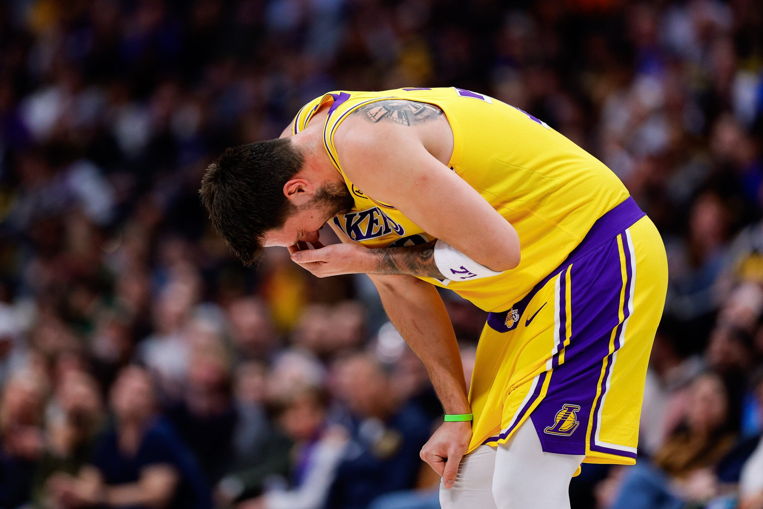 Mar 5, 2026; Denver, Colorado, USA; Los Angeles Lakers guard Luka Doncic (77) reacts after a play in the first quarter against the Denver Nuggets at Ball Arena. Mandatory Credit: Isaiah J. Downing-Imagn Images