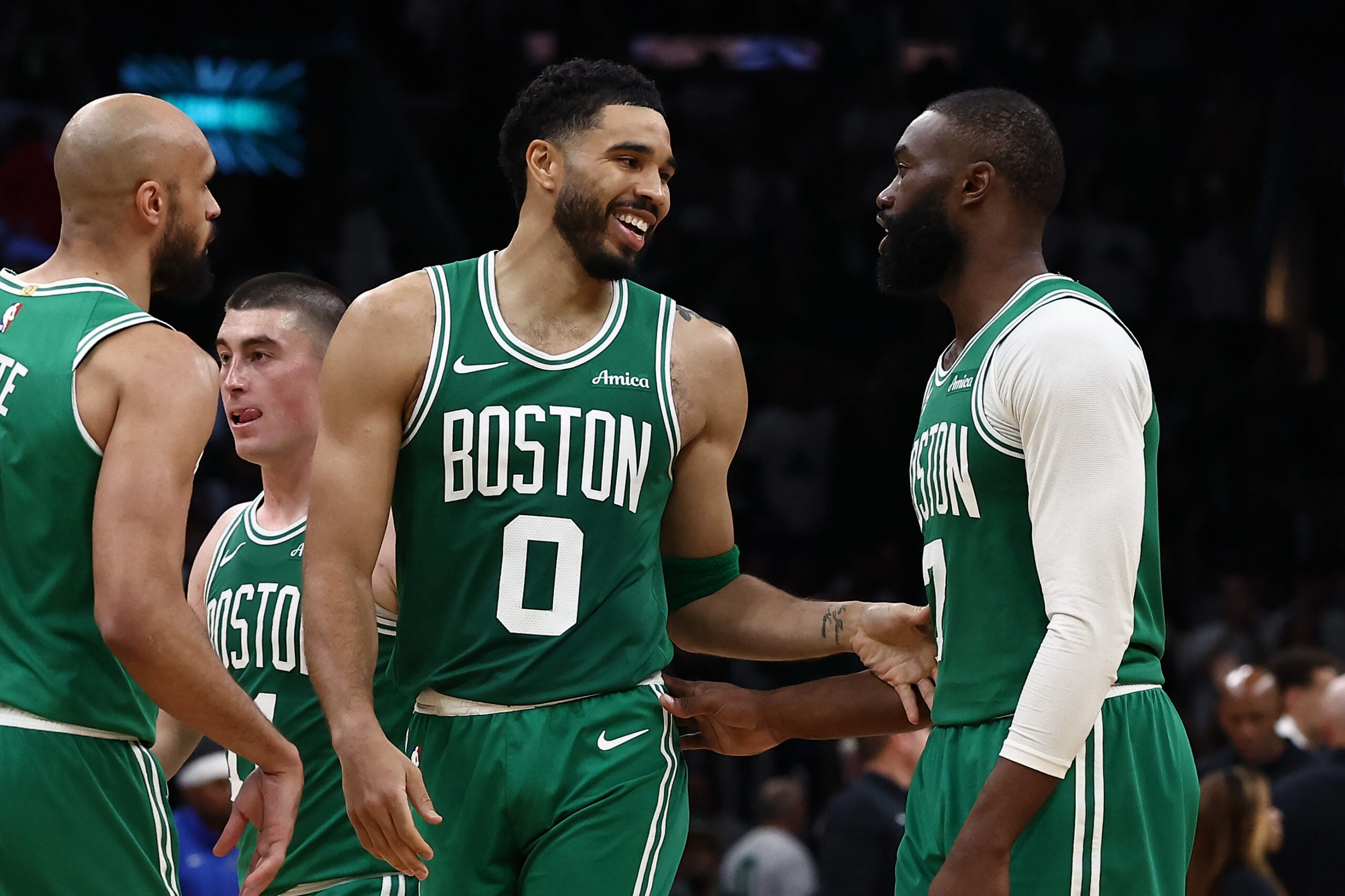 Mar 6, 2026; Boston, Massachusetts, USA; Boston Celtics forward Jayson Tatum (0) has a laugh with guard Jaylen Brown (7) during the second half against the Dallas Mavericks at TD Garden. Mandatory Credit: Winslow Townson-Imagn Images