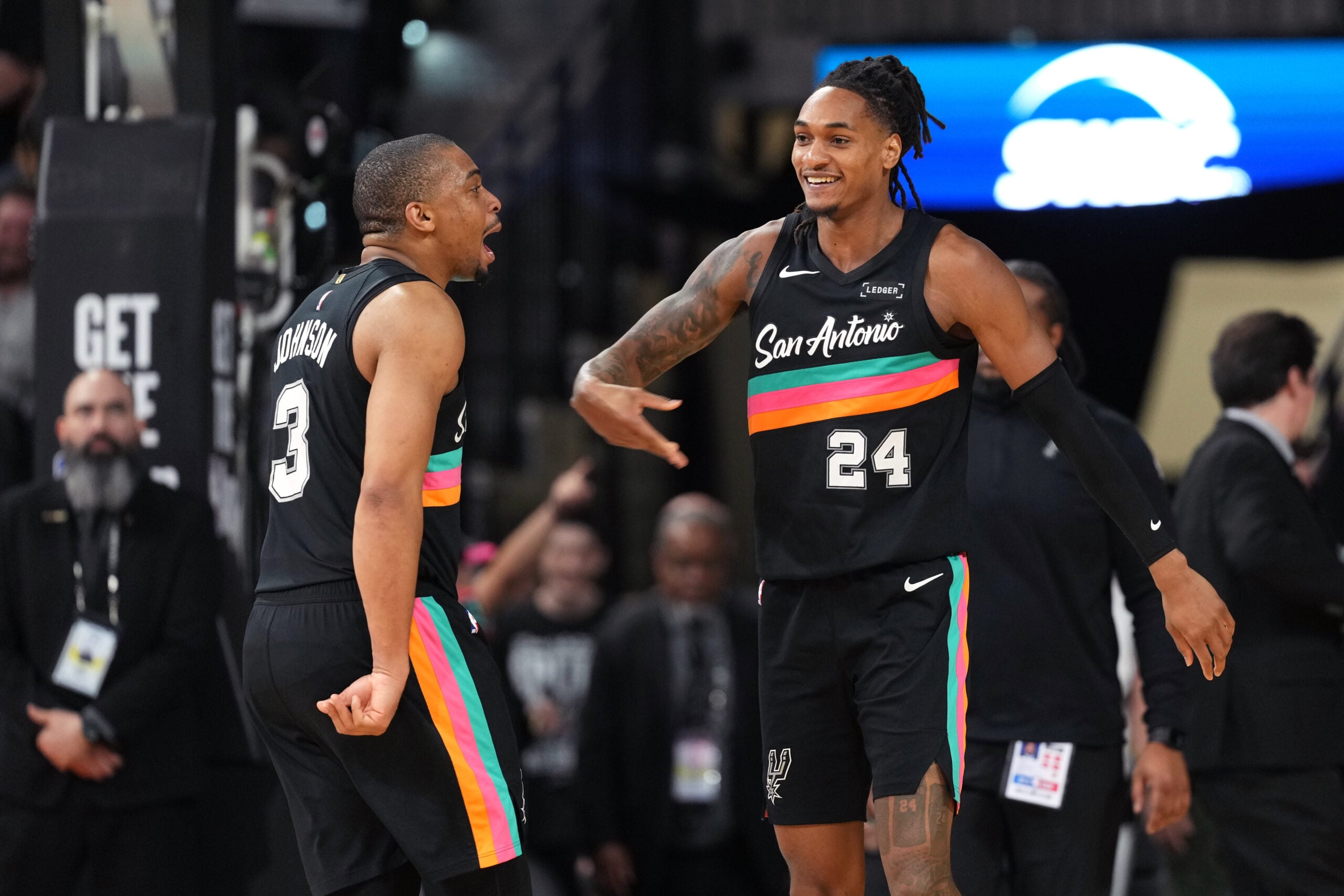 Mar 6, 2026; San Antonio, Texas, USA; San Antonio Spurs guard Devin Vassell (24) and forward Keldon Johnson (3) react during the second half against the Los Angeles Clippers at Frost Bank Center. Mandatory Credit: Scott Wachter-Imagn Images