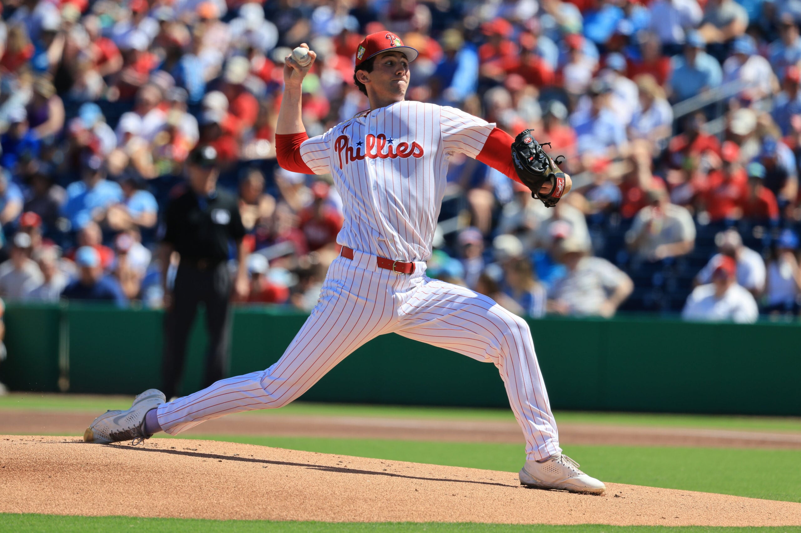 Mar 7, 2026; Clearwater, Florida, USA;  Philadelphia Phillies pitcher Andrew Painter (76) throws a pitch during the first inning against the Toronto Blue Jays at BayCare Ballpark. Mandatory Credit: Kim Klement Neitzel-Imagn Images