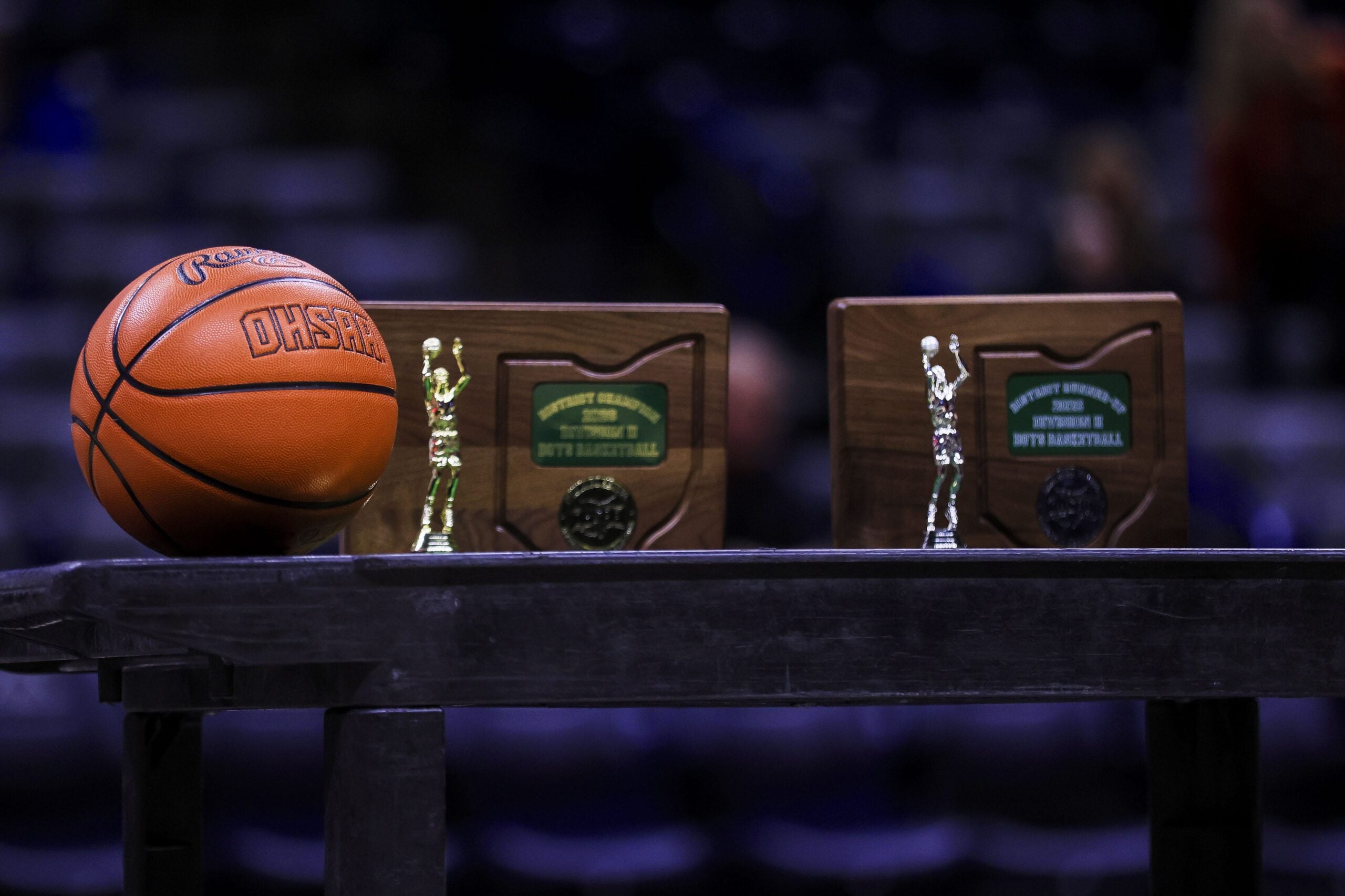 A general view of the OHSAA basketball during the trophy ceremony after the game between Troy and Aiken at Cintas Center March 7, 2026.