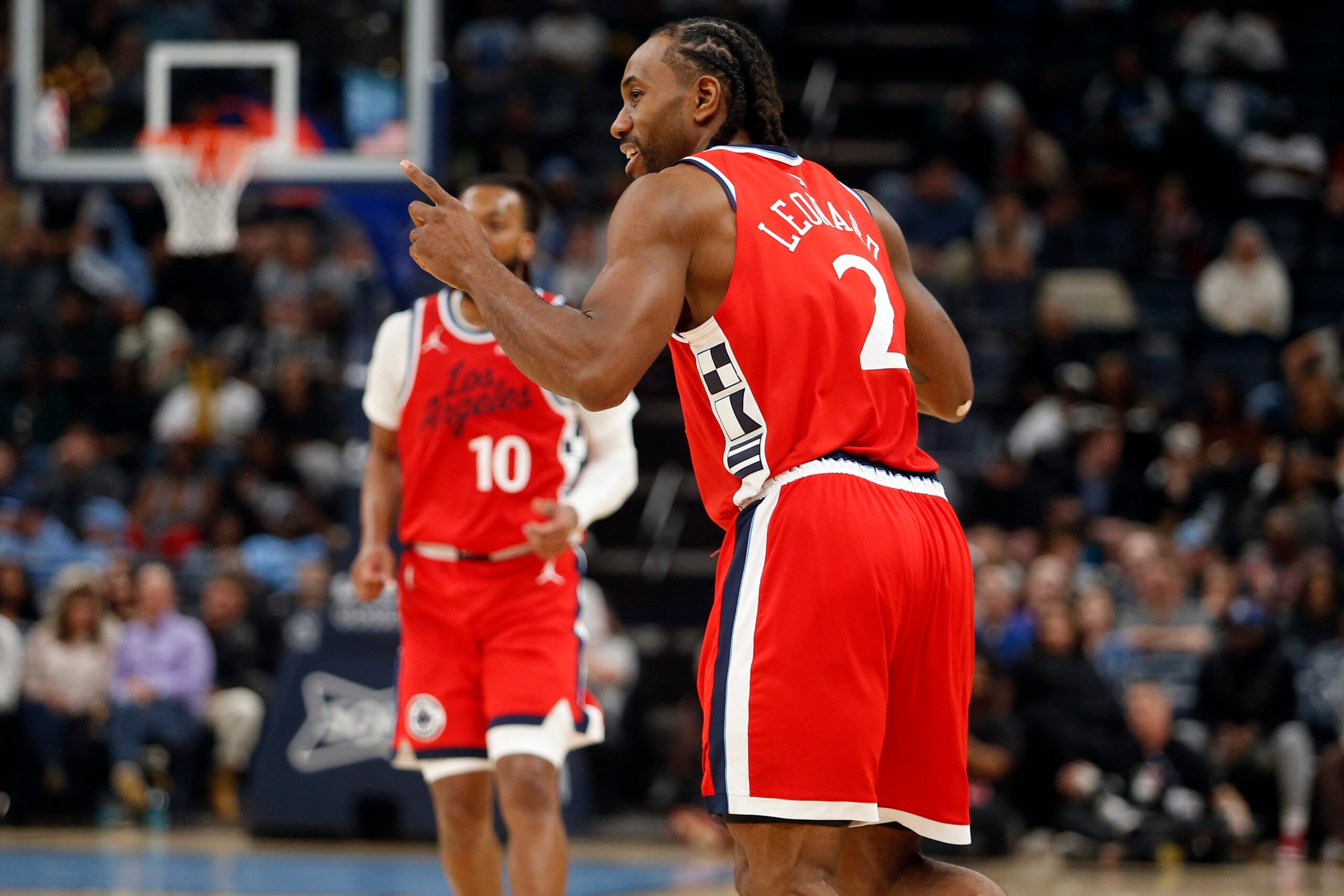 Mar 7, 2026; Memphis, Tennessee, USA; Los Angeles Clippers forward Kawhi Leonard (2) reacts during the fourth quarter against the Memphis Grizzlies at FedExForum. Mandatory Credit: Petre Thomas-Imagn Images
