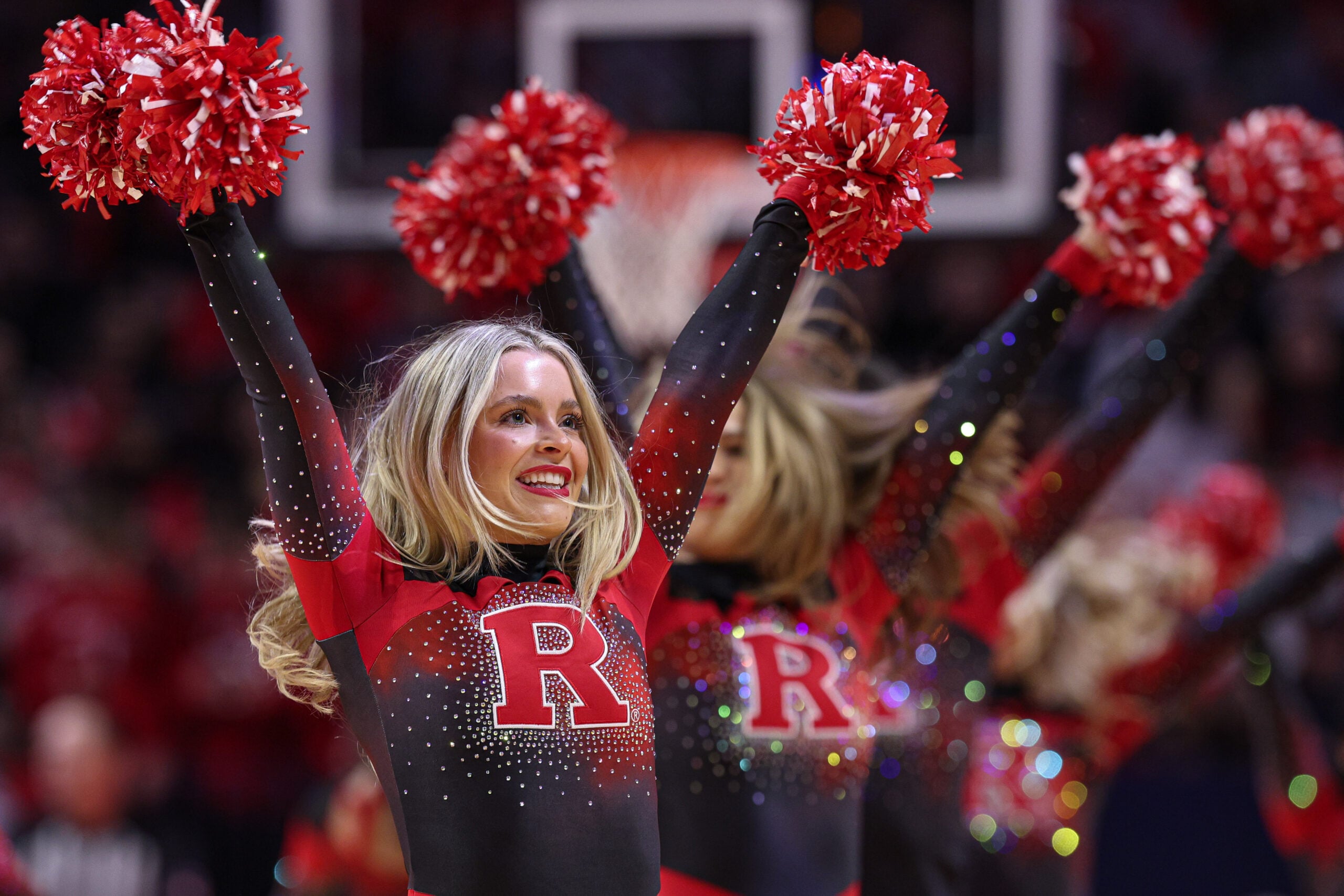 Mar 8, 2026; Piscataway, New Jersey, USA; The Scarlet Knight and the cheerleading and dance teams during the second half between the Rutgers Scarlet Knights and the Penn State Nittany Lions at Jersey Mike's Arena. Mandatory Credit: Vincent Carchietta-Imagn Images
