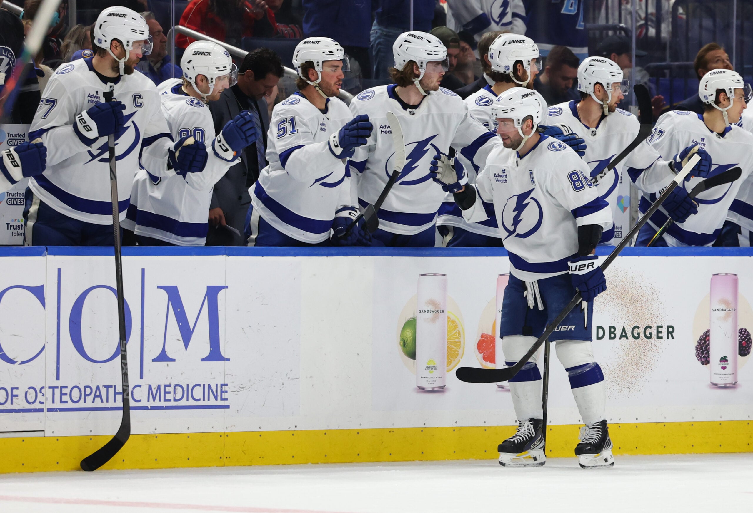 Mar 8, 2026; Buffalo, New York, USA;  Tampa Bay Lightning right wing Nikita Kucherov (86) celebrates his goal with teammates during the second period against the Buffalo Sabres at KeyBank Center. Mandatory Credit: Timothy T. Ludwig-Imagn Images