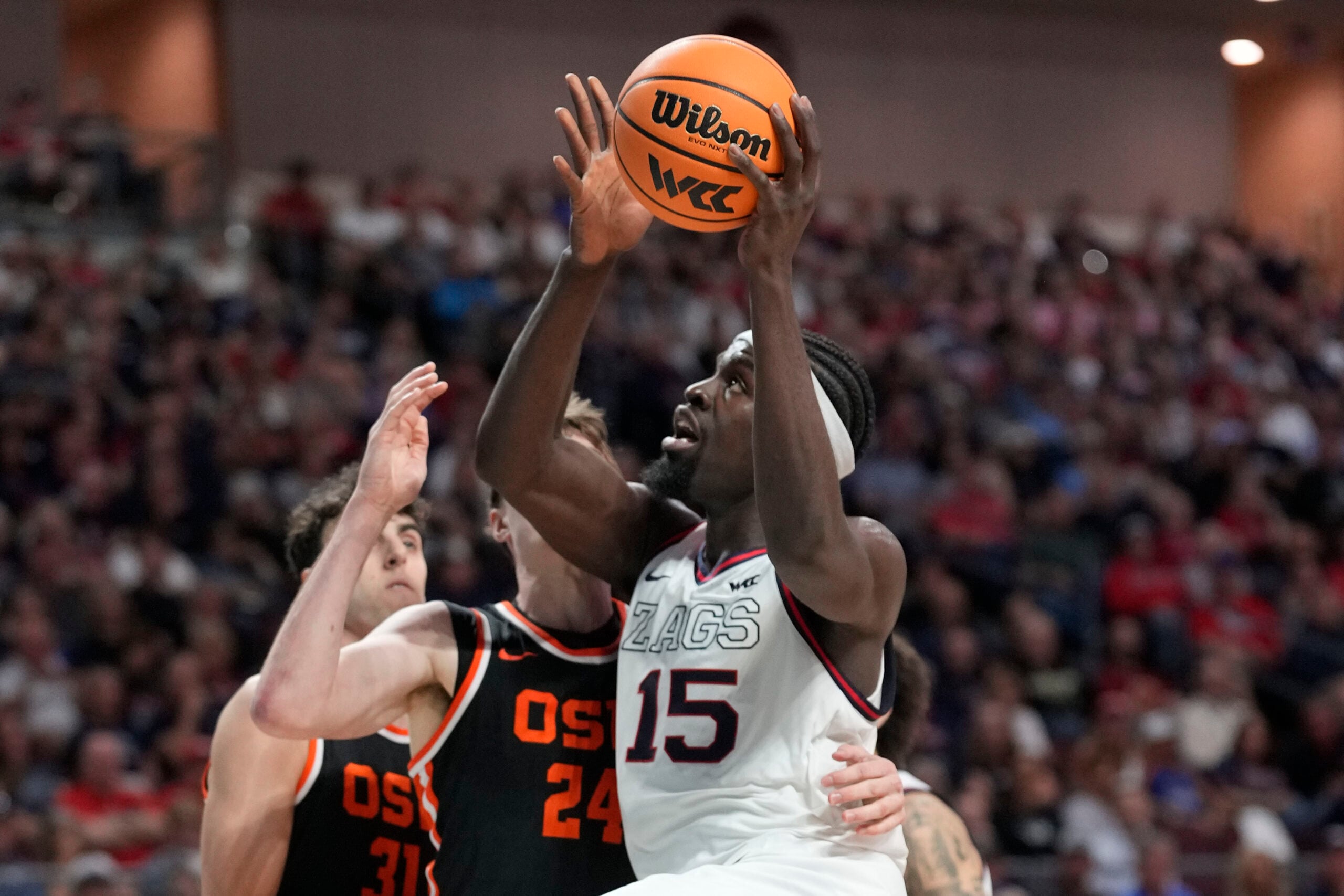 March 9, 2026; Las Vegas, NV, USA; Gonzaga Bulldogs forward Graham Ike (15) shoots the basketball against Oregon State Beavers forward Johan Munch (24) during the first half at Orleans Arena. Mandatory Credit: Kyle Terada-Imagn Images