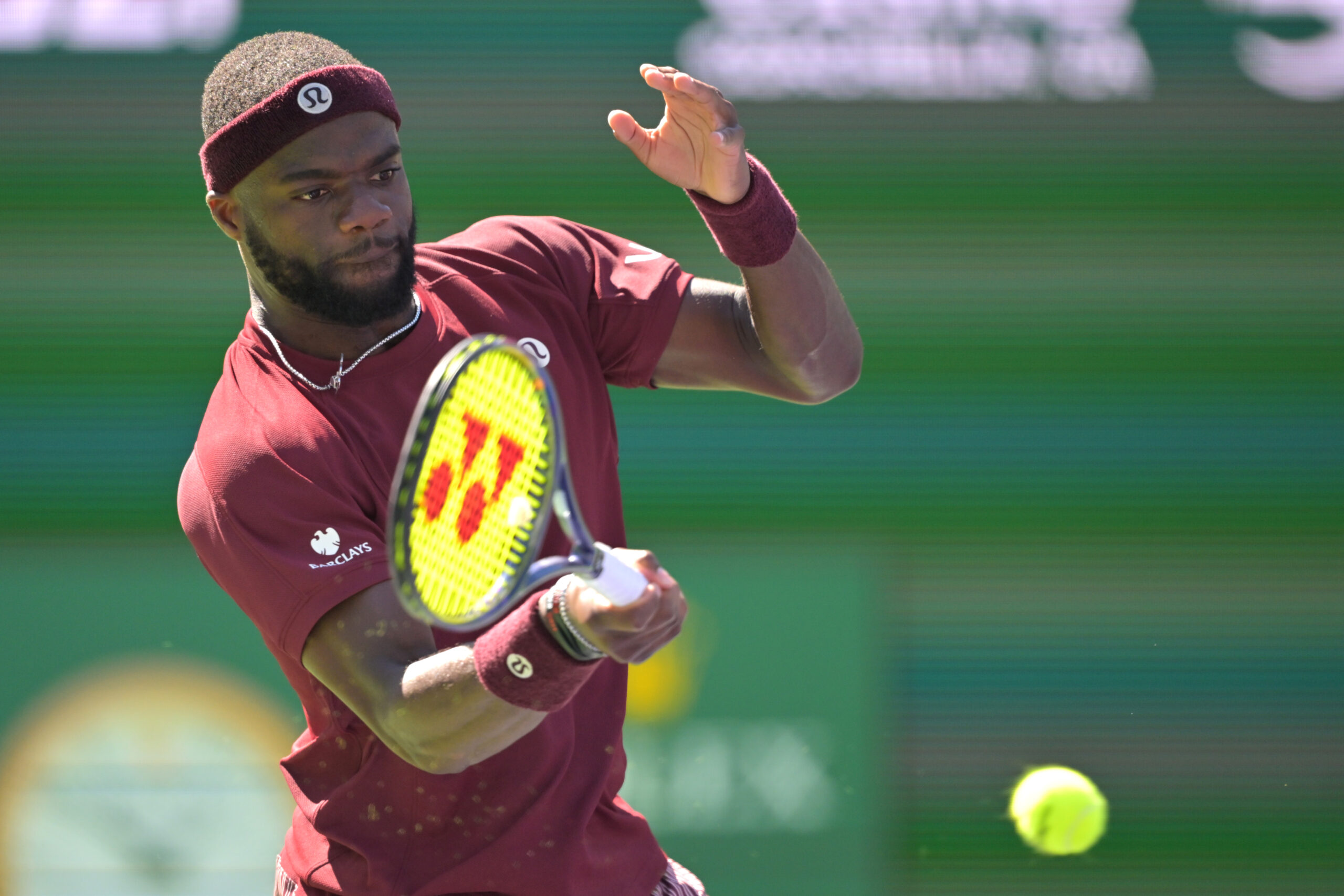 Mar 10, 2026; Indian Wells, CA, USA; Francis Tiafoe (USA) hits a shot during his fourth round match against Alexander Zverev (GER) in the BNP Paribas Open at the Indian Wells Tennis Garden. Mandatory Credit: Jayne Kamin-Oncea-Imagn Images