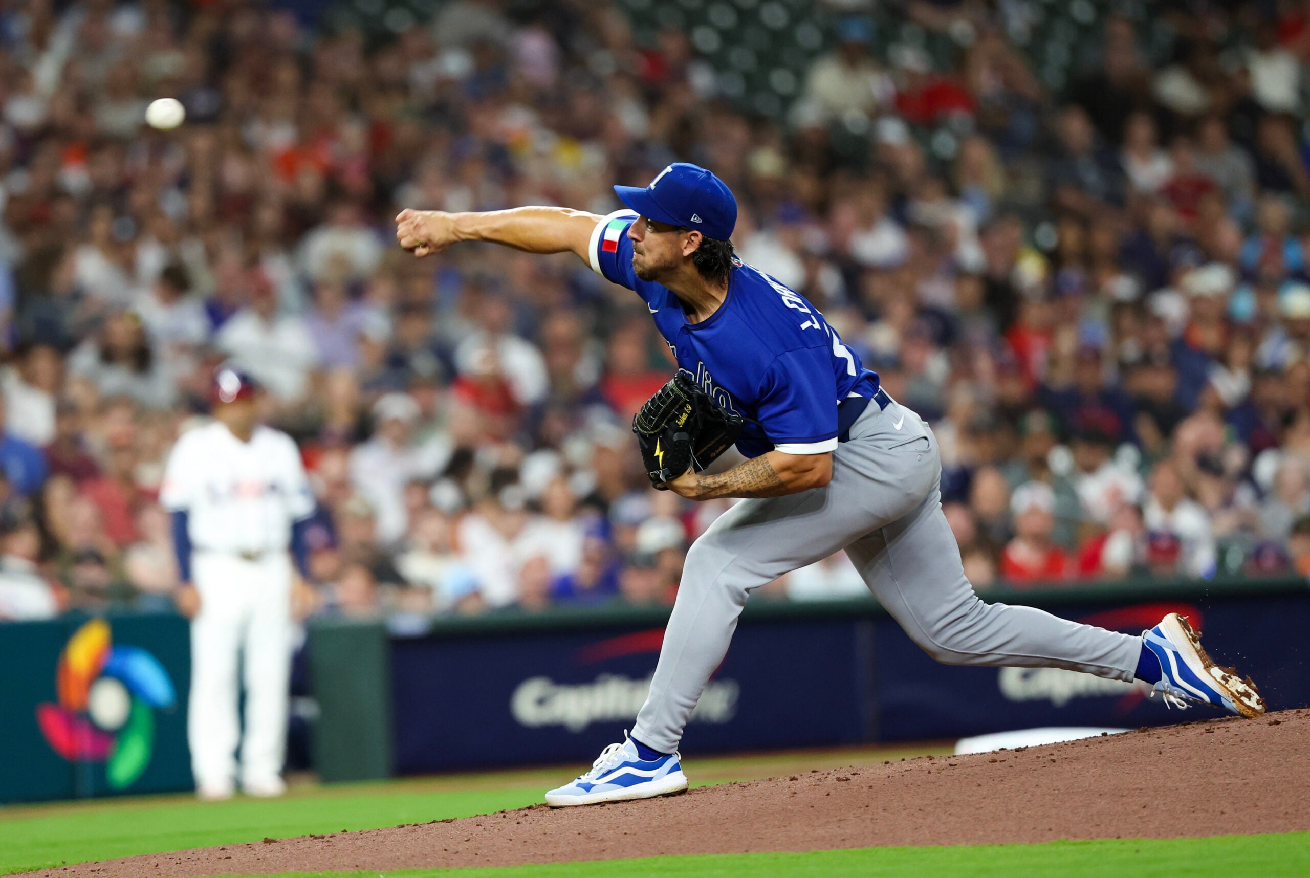 Mar 10, 2026; Houston, TX, United States; Italy starting pitcher Michael Lorenzen (24) pitches against United States in the first inning at Daikin Park. Mandatory Credit: Thomas Shea-Imagn Images