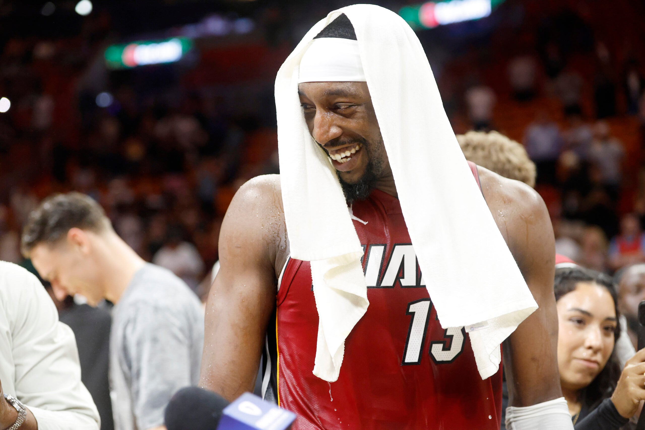 Mar 10, 2026; Miami, Florida, USA;  Miami Heat center Bam Adebayo (13) reacts after becoming the NBA's second highest scorer of points in a game with 83 against the Wshington Wizards at Kaseya Center. Mandatory Credit: Rhona Wise-Imagn Images