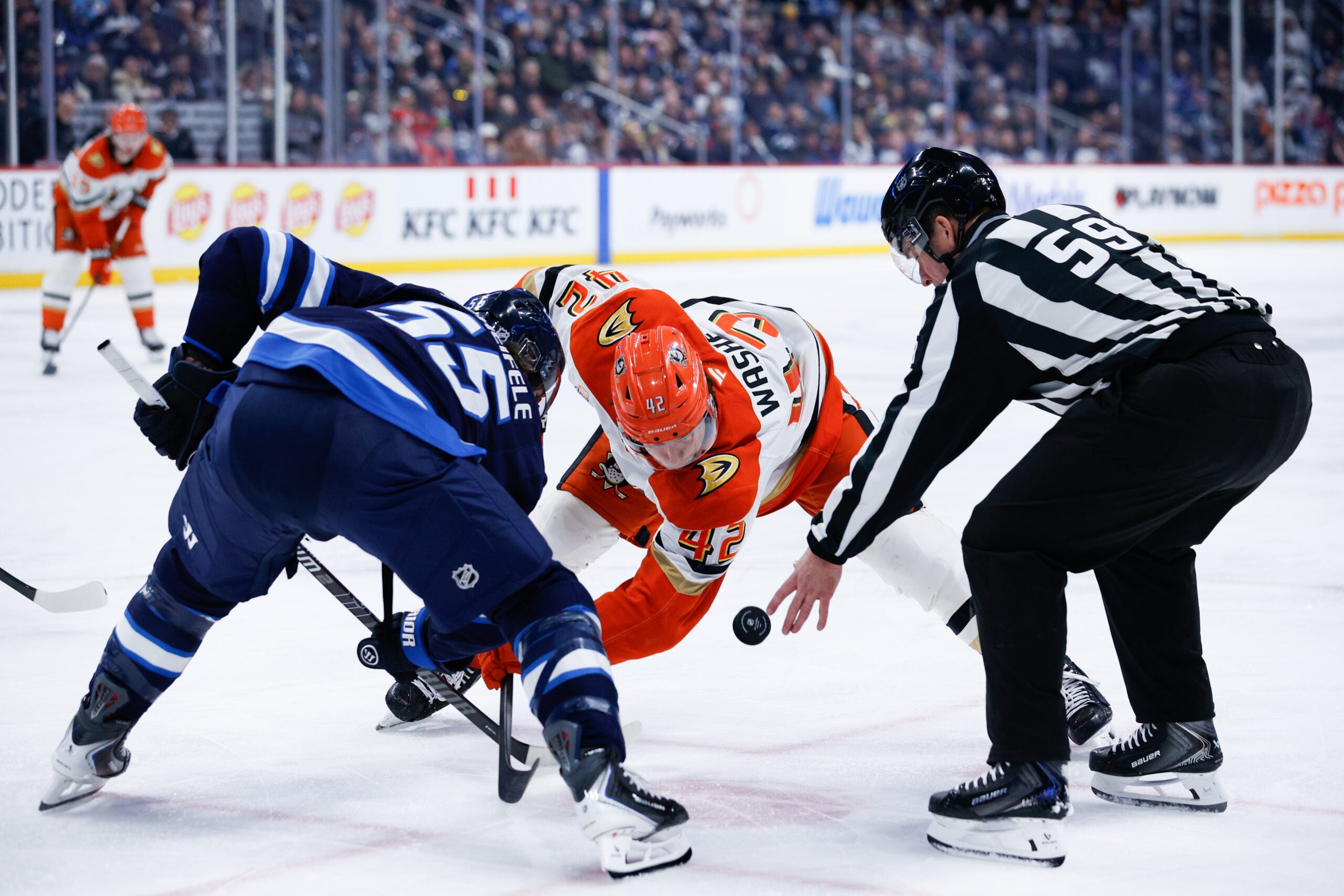 Mar 10, 2026; Winnipeg, Manitoba, CAN;  Winnipeg Jets forward Mark Scheifele (55) faces off against Anaheim Ducks forward Tim Washe (42) during the third period at Canada Life Centre. Mandatory Credit: Terrence Lee-Imagn Images