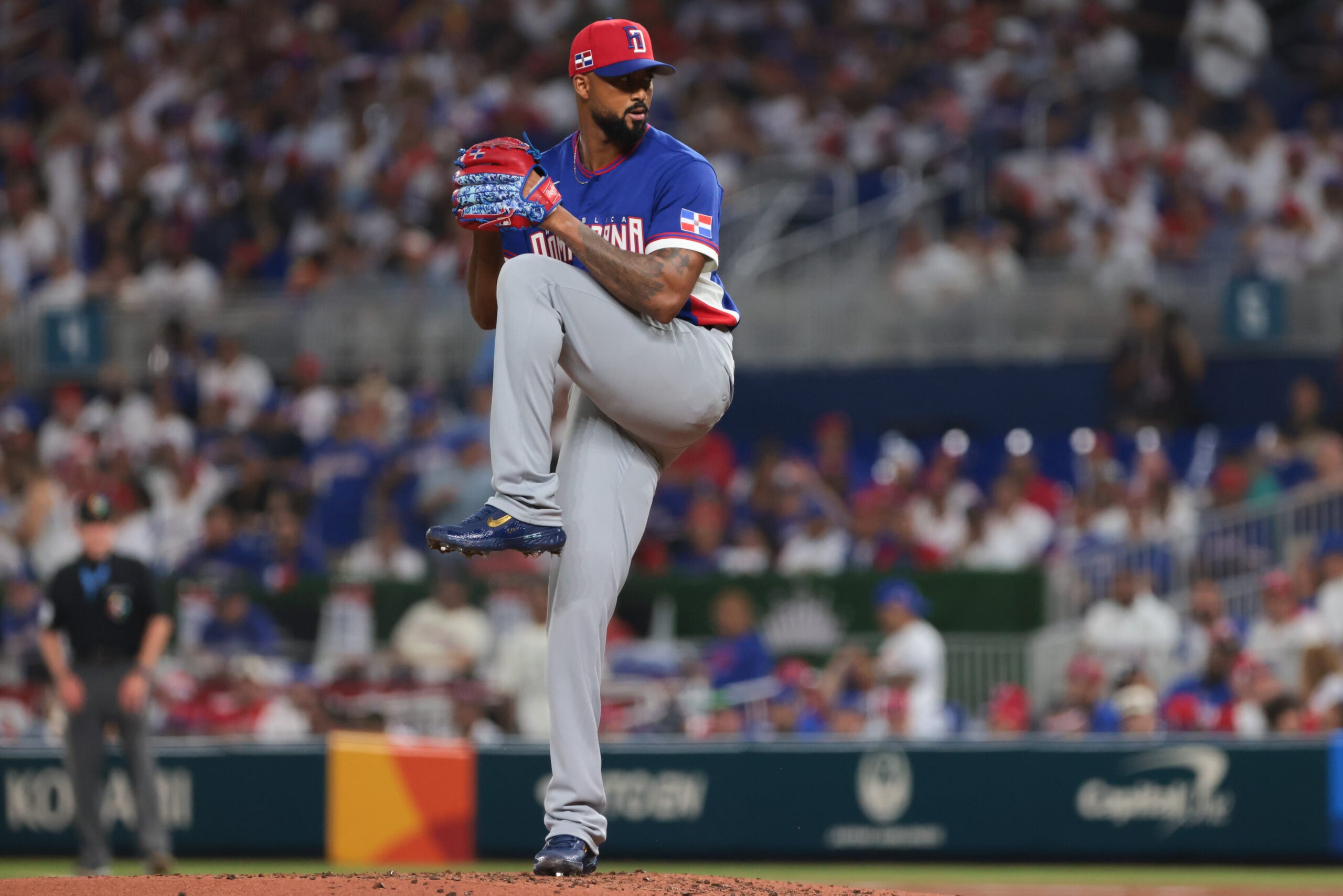 Mar 11, 2026; Miami, FL, United States; Dominican Republic pitcher Sandy Alcantara (7) pitches against Venezuela during the second inning at loanDepot Park. Mandatory Credit: Sam Navarro-Imagn Images