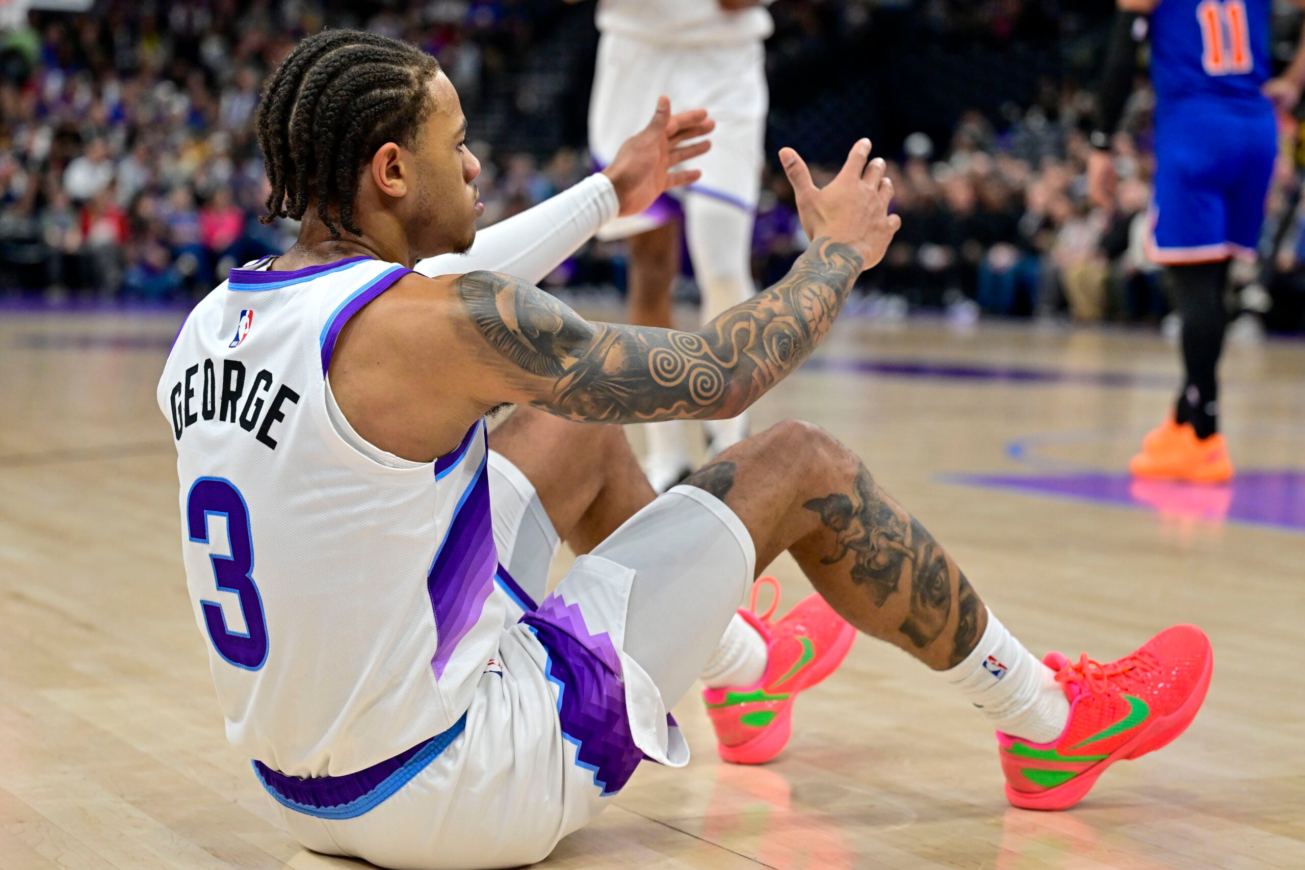 Mar 11, 2026; Salt Lake City, Utah, USA; Utah Jazz guard Keyonte George (3) reacts after being fouled during the second half against the New York Knicks at Delta Center. Mandatory Credit: Peter Creveling-Imagn Images
