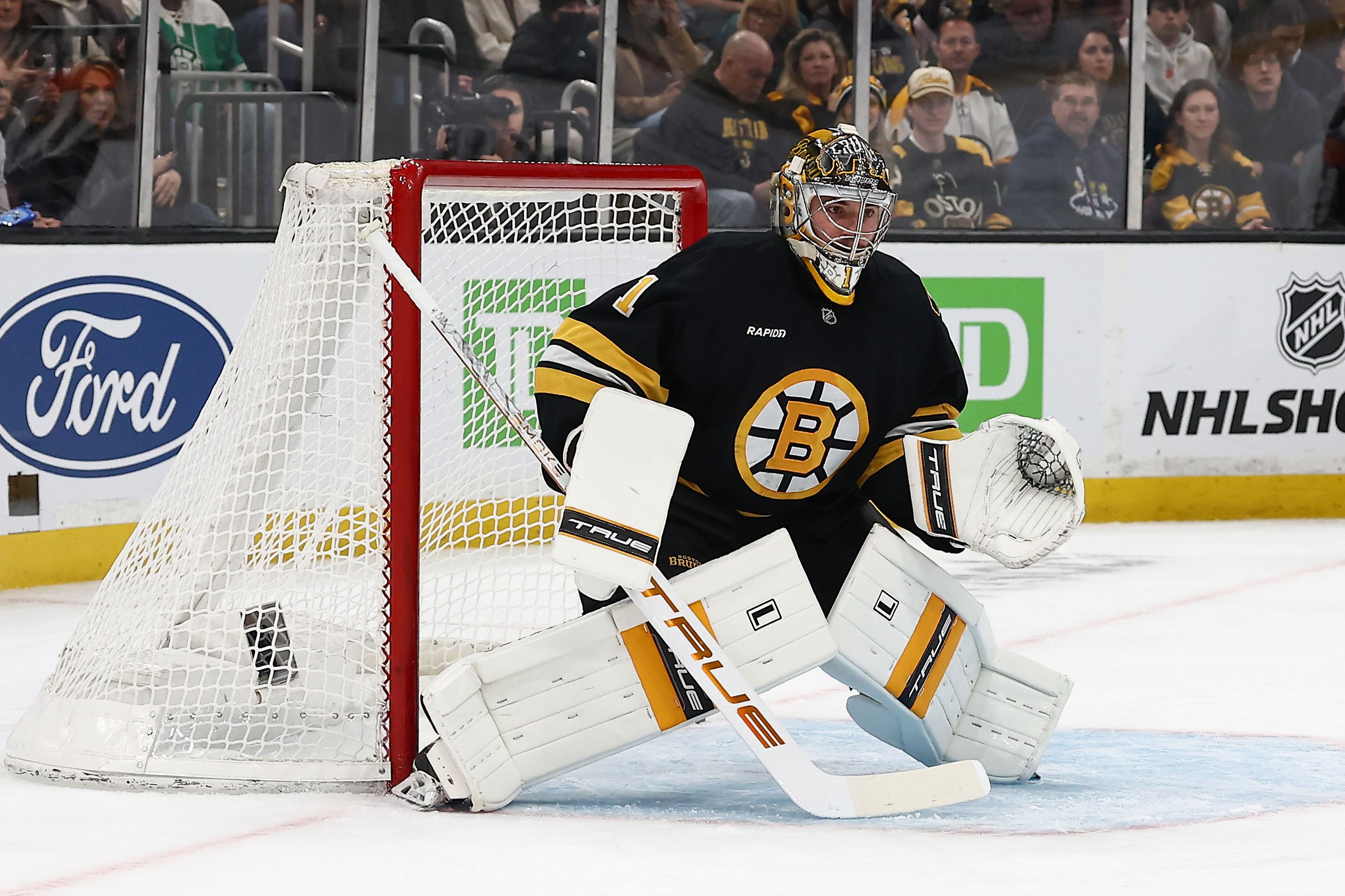 Mar 12, 2026; Boston, Massachusetts, USA; Boston Bruins goaltender Jeremy Swayman (1) during the first period against the San Jose Sharks at TD Garden. Mandatory Credit: Winslow Townson-Imagn Images
