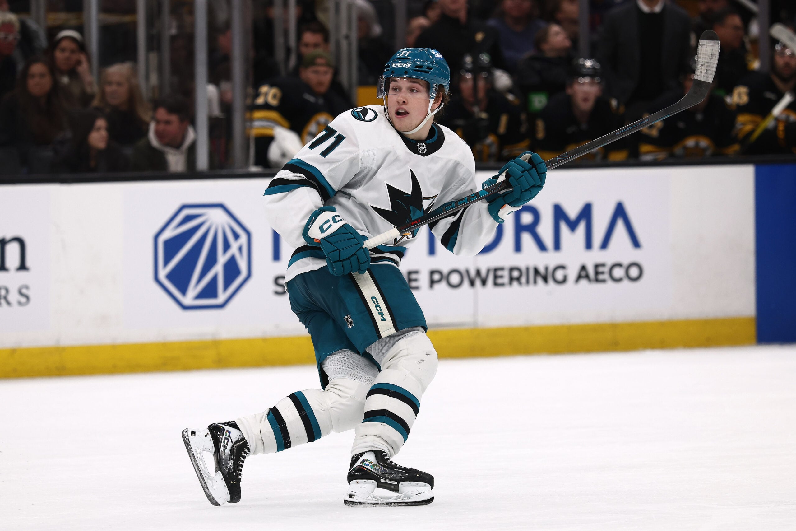 Mar 12, 2026; Boston, Massachusetts, USA; San Jose Sharks center Macklin Celebrini (71) during the third period against the Boston Bruins at TD Garden. Mandatory Credit: Winslow Townson-Imagn Images