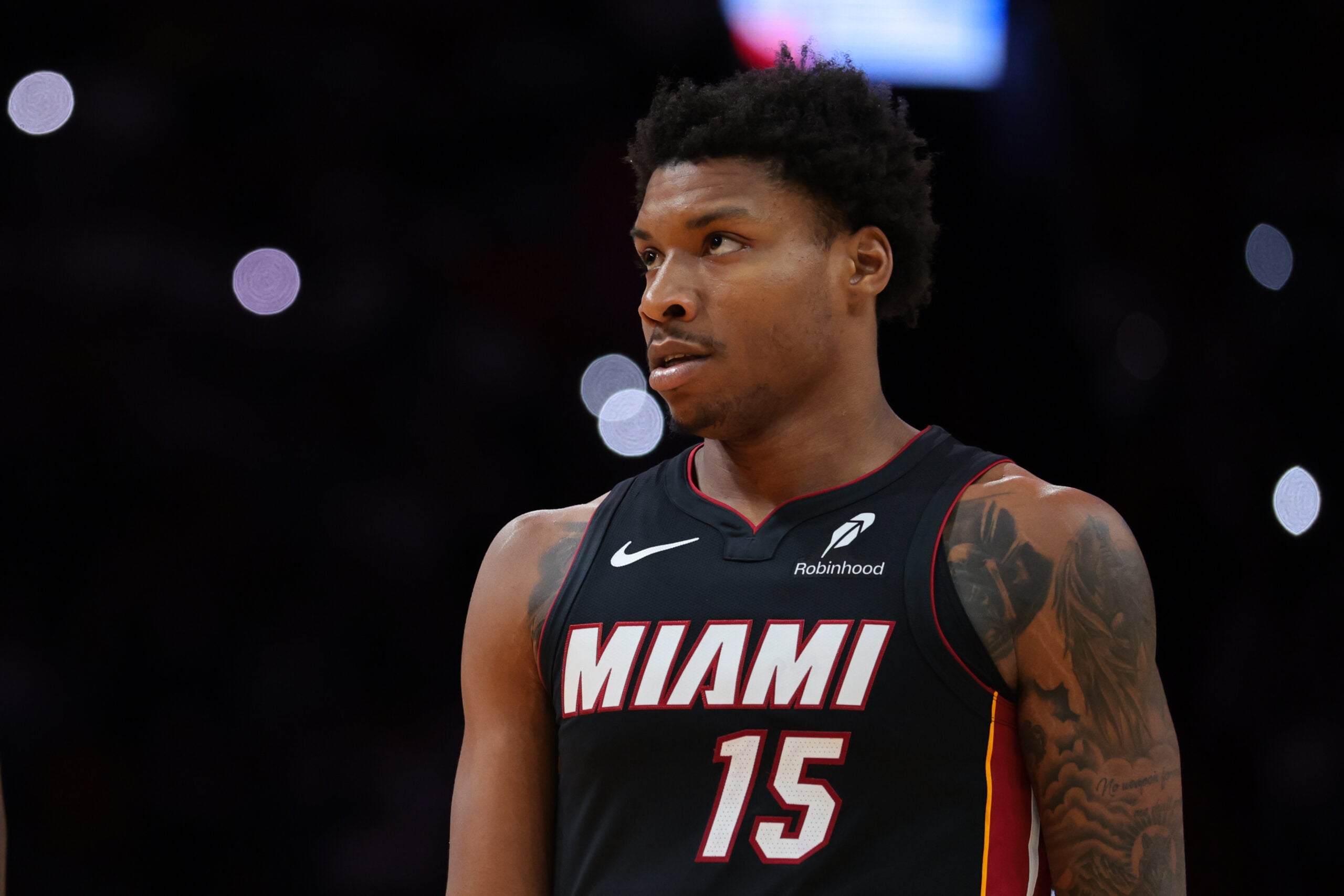 Mar 12, 2026; Miami, Florida, USA; Miami Heat forward Myron Gardner (15) looks on against the Milwaukee Bucks during the fourth quarter at Kaseya Center. Mandatory Credit: Sam Navarro-Imagn Images