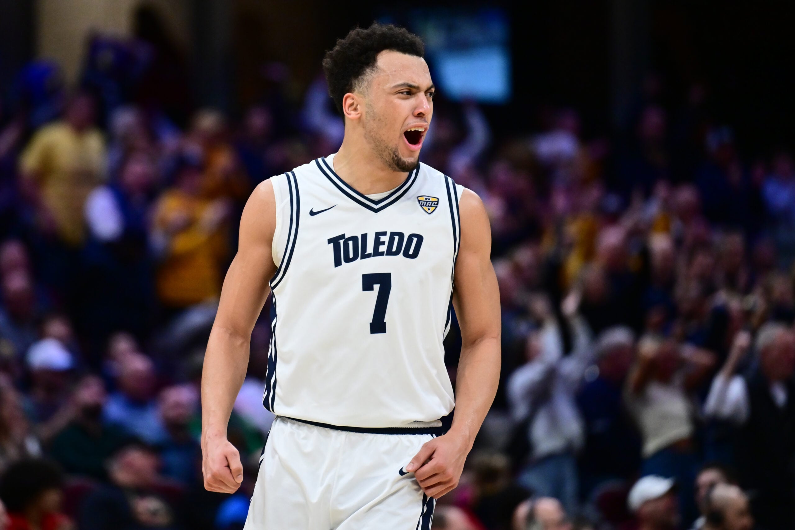 Mar 13, 2026; Cleveland, OH, USA; Toledo Rockets forward Sean Craig (7) reacts after a play against the Massachusetts Minutemen during the second half at Rocket Arena Mandatory Credit: Ken Blaze-Imagn Images