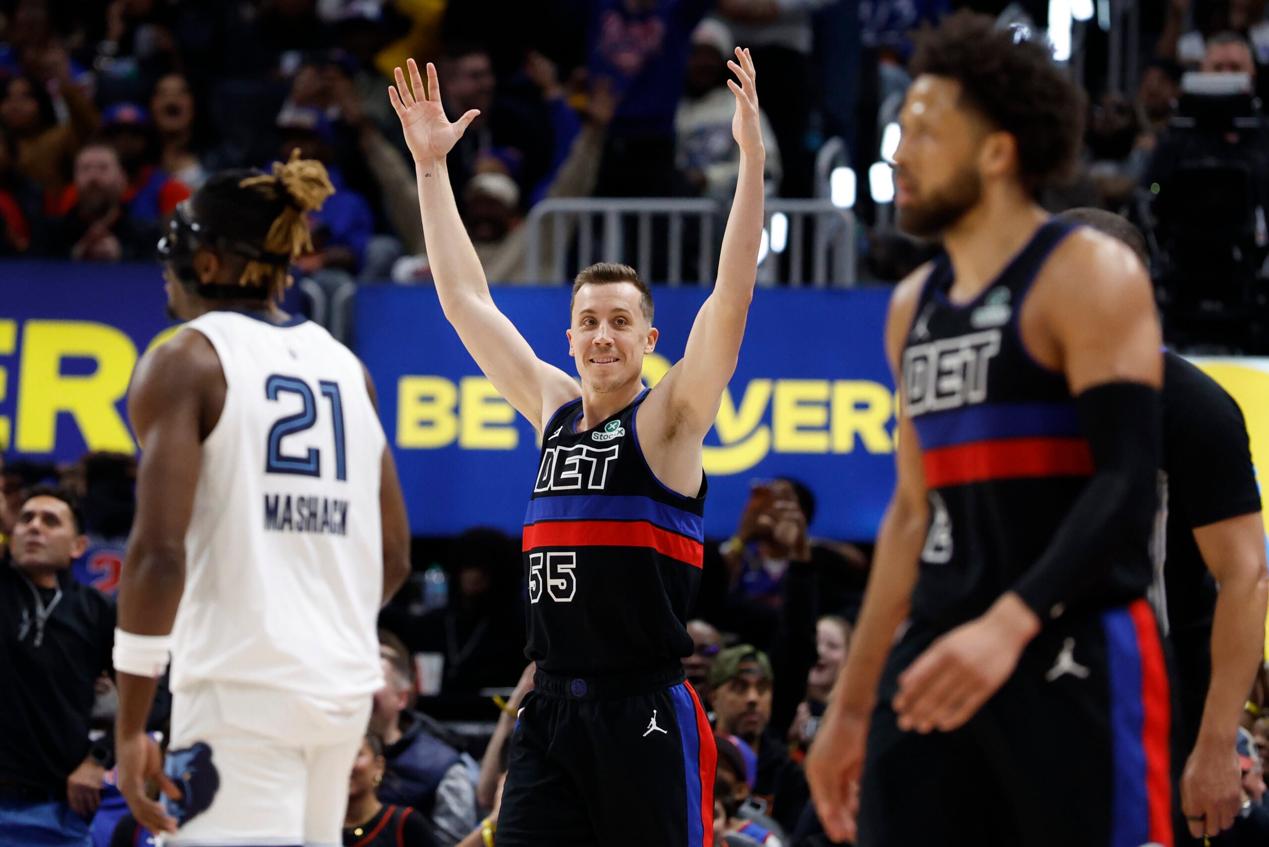 Mar 13, 2026; Detroit, Michigan, USA;  Detroit Pistons forward Duncan Robinson (55) celebrates in the second half against the Memphis Grizzlies at Little Caesars Arena. Mandatory Credit: Rick Osentoski-Imagn Images