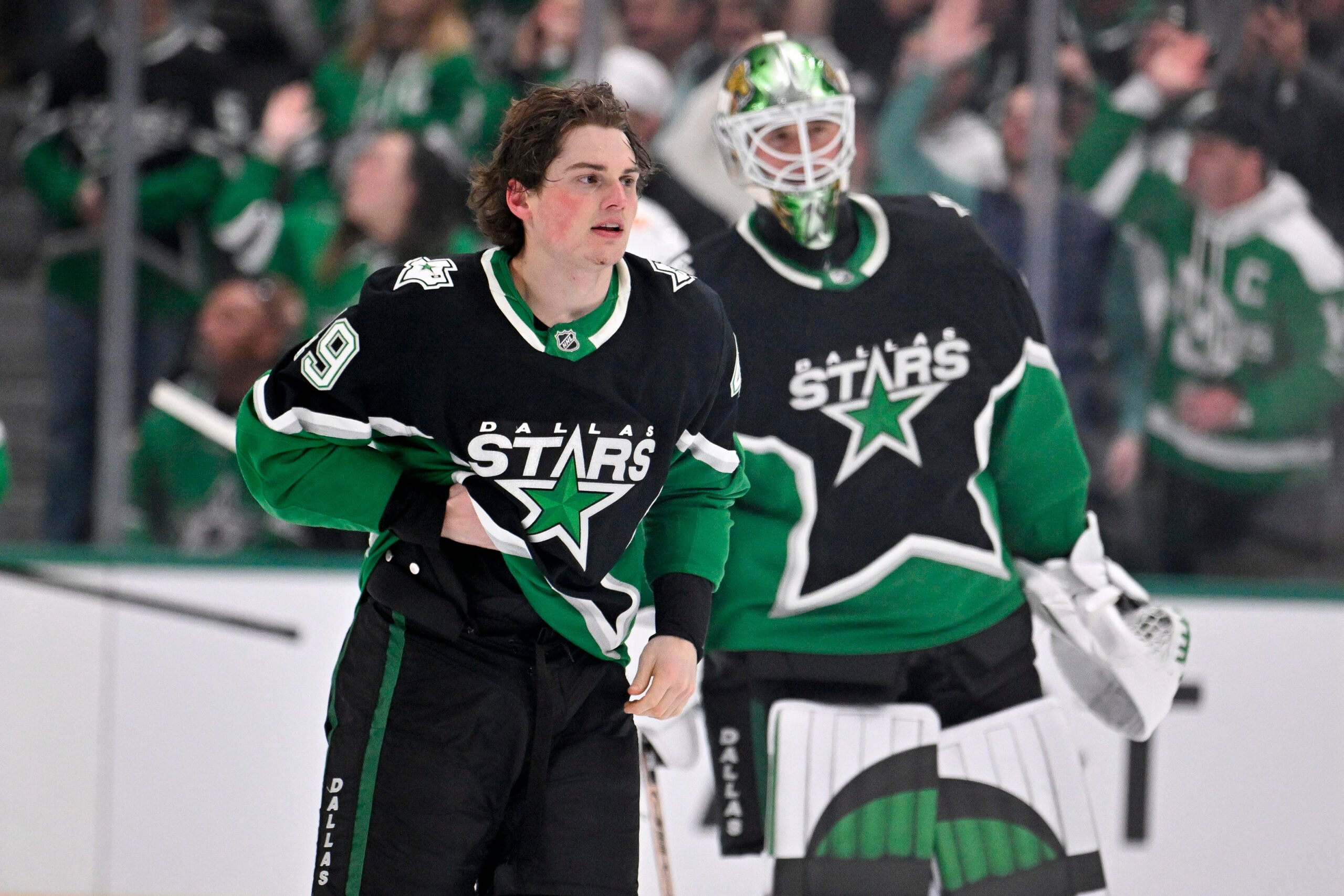 Mar 12, 2026; Dallas, Texas, USA; Dallas Stars center Justin Hryckowian (49) skates off the ice after fighting Edmonton Oilers center Connor McDavid (not pictured) during the second period at the American Airlines Center. Mandatory Credit: Jerome Miron-Imagn Images