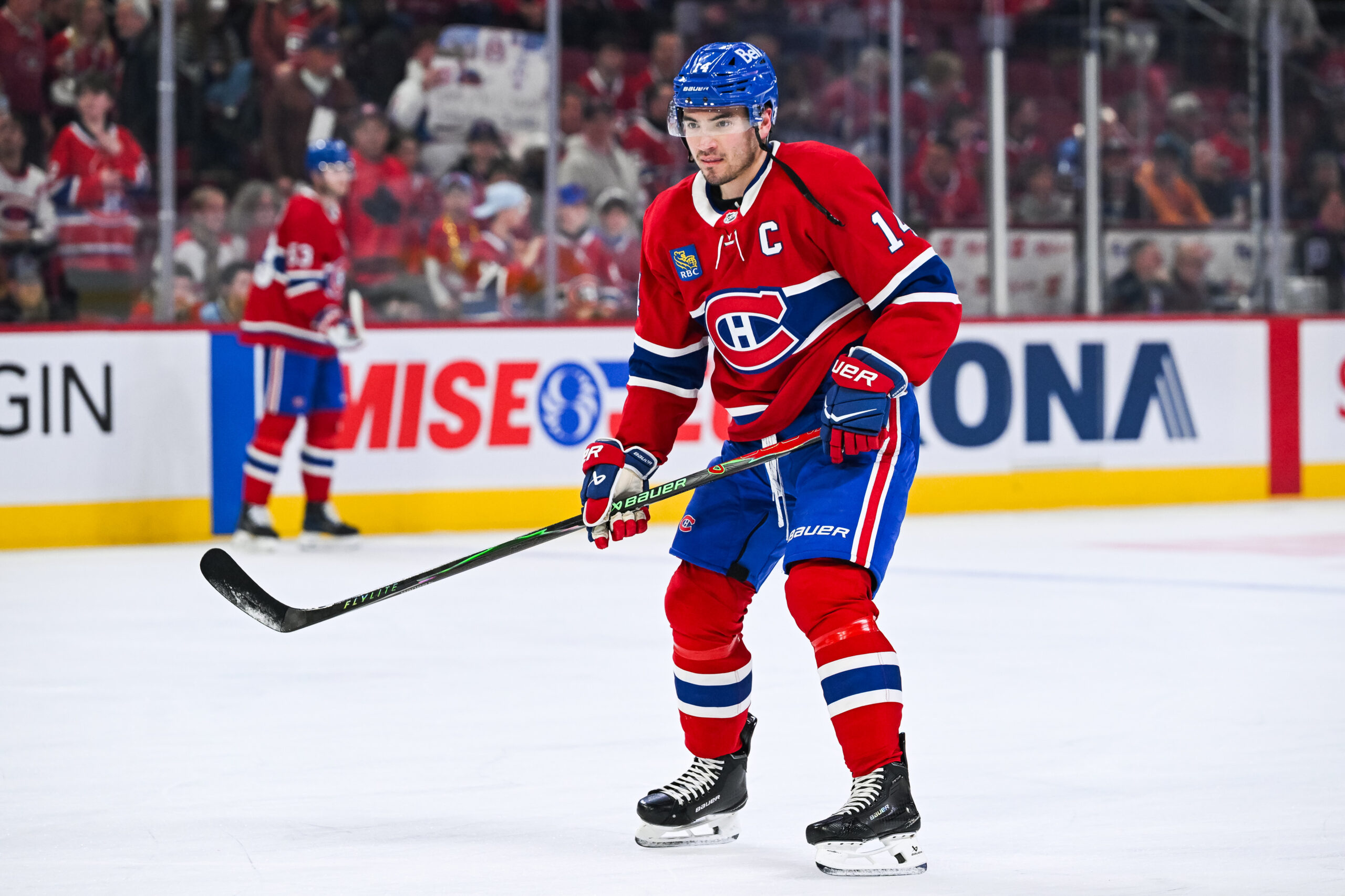 Mar 14, 2026; Montreal, Quebec, CAN; Montreal Canadiens center Nick Suzuki (14) skates during warm-up before the game against the San Jose Sharks at Bell Centre. Mandatory Credit: David Kirouac-Imagn Images